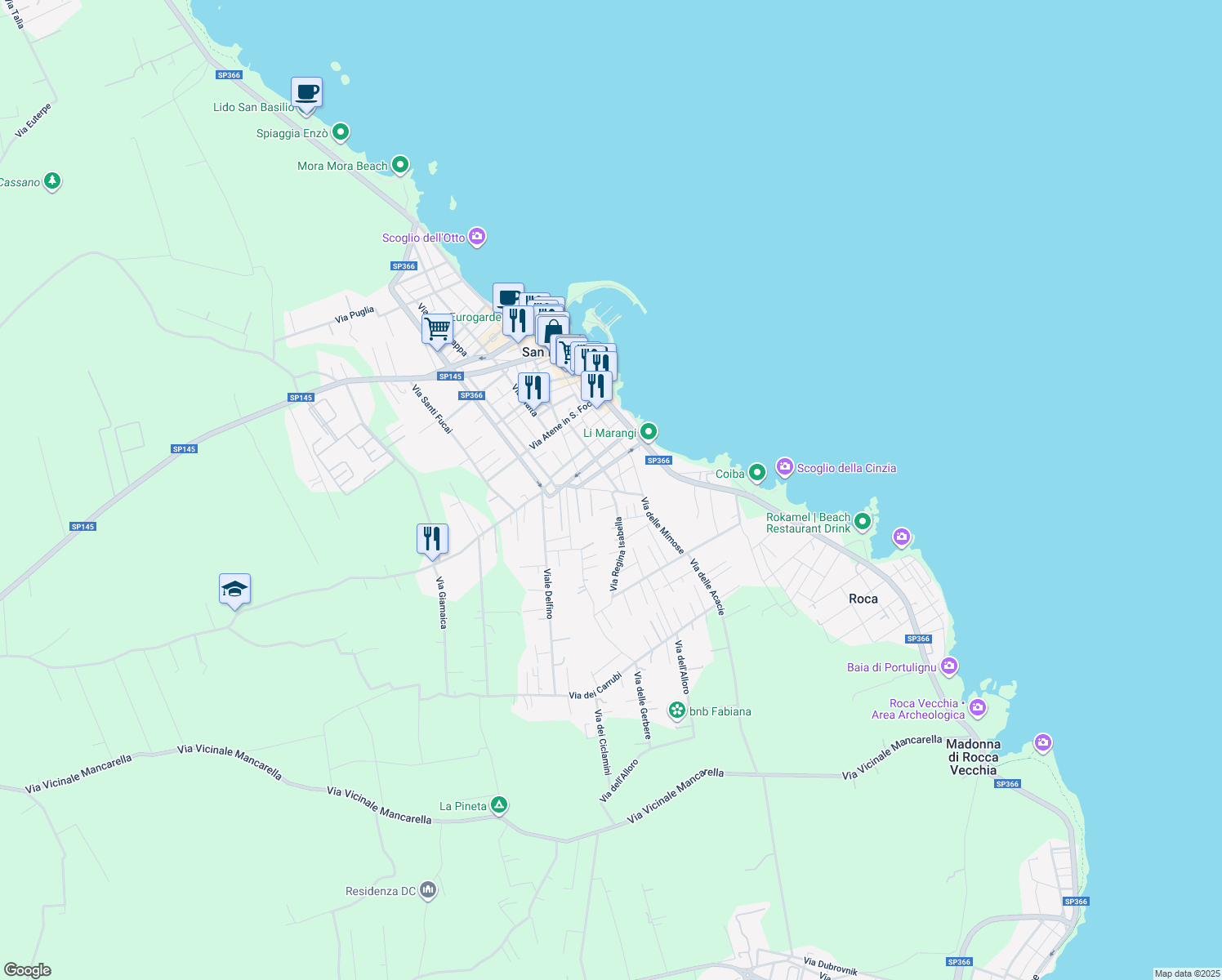 map of restaurants, bars, coffee shops, grocery stores, and more near 39 Via delle Ginestre in San Foca