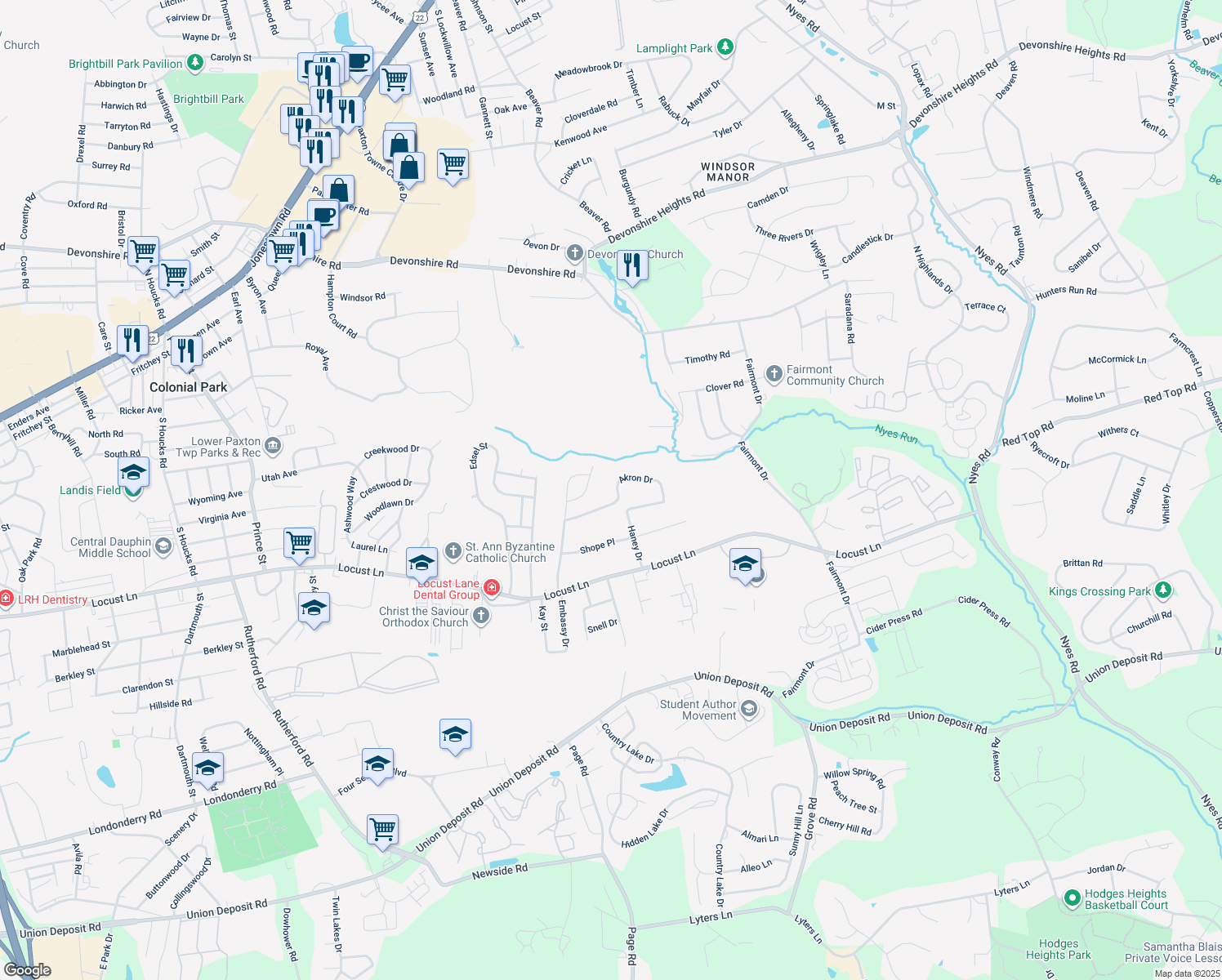 map of restaurants, bars, coffee shops, grocery stores, and more near 5616 Akron Drive in Harrisburg