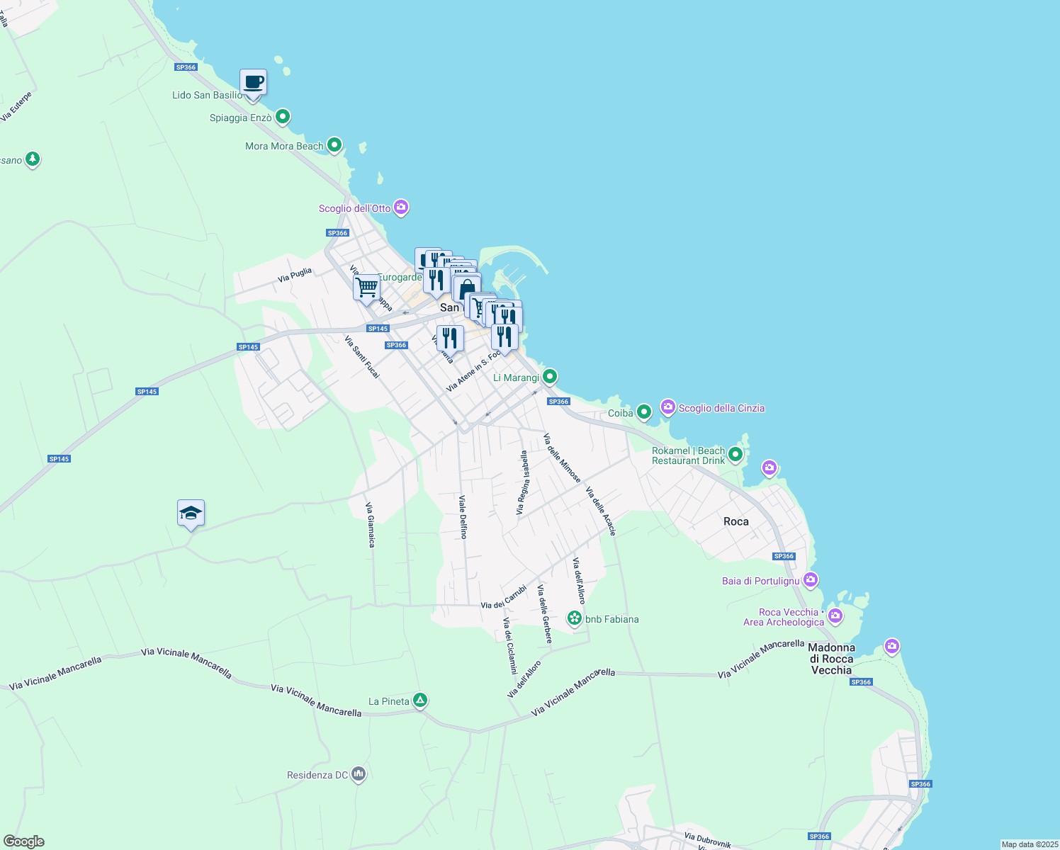 map of restaurants, bars, coffee shops, grocery stores, and more near 2 Via Regina Isabella in San Foca
