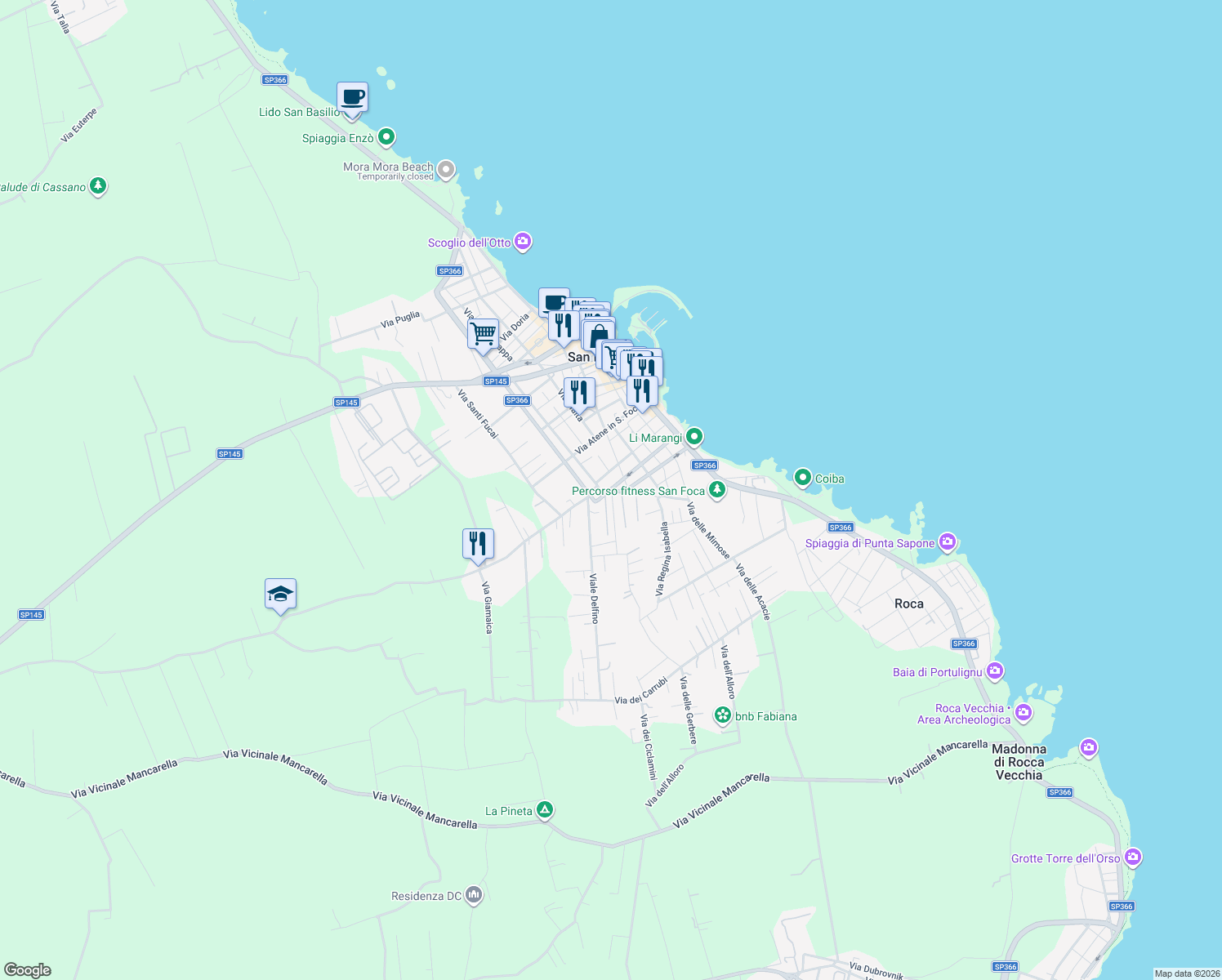 map of restaurants, bars, coffee shops, grocery stores, and more near 52 Via Martiri Belfiore in San Foca