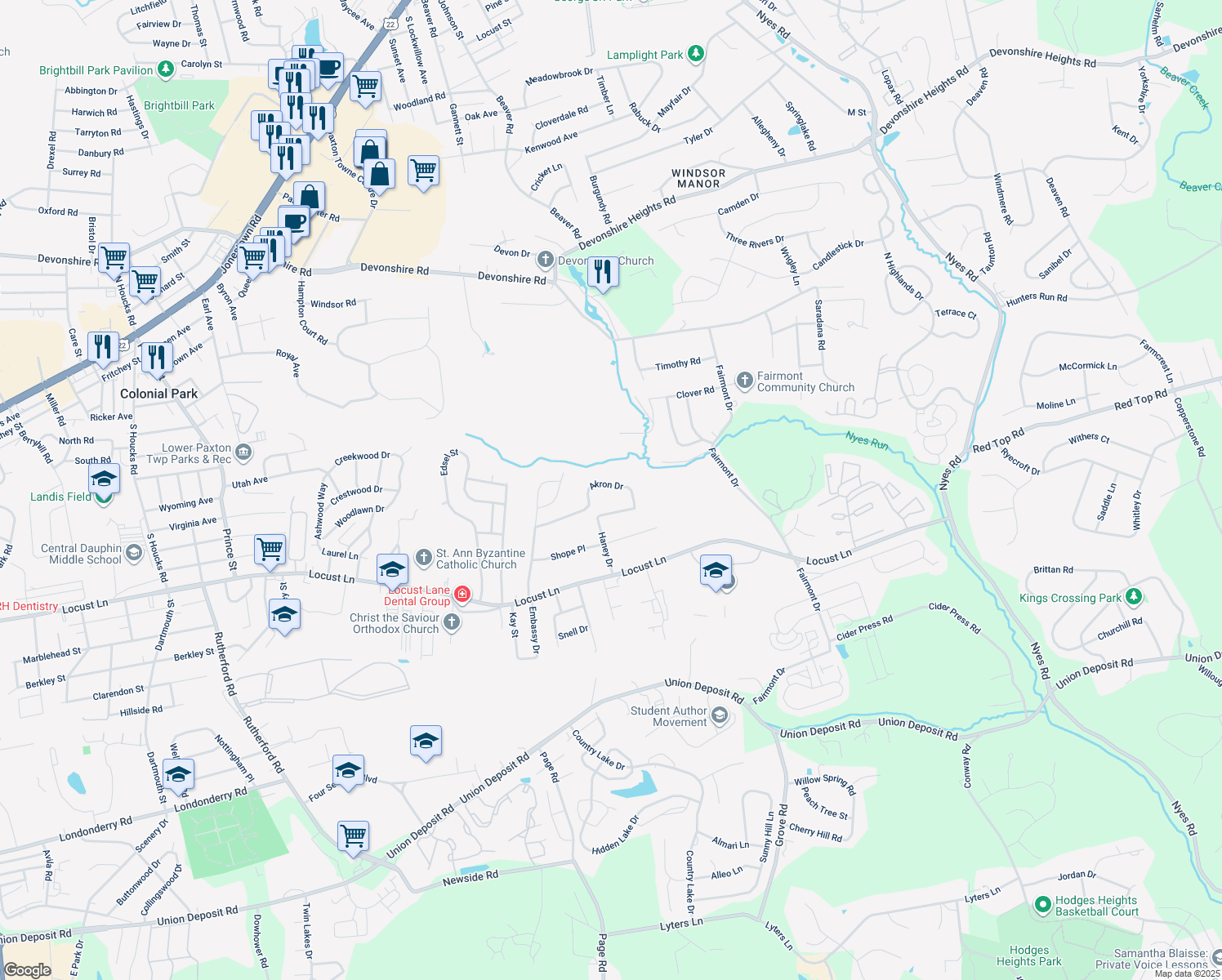 map of restaurants, bars, coffee shops, grocery stores, and more near 5625 Akron Drive in Harrisburg