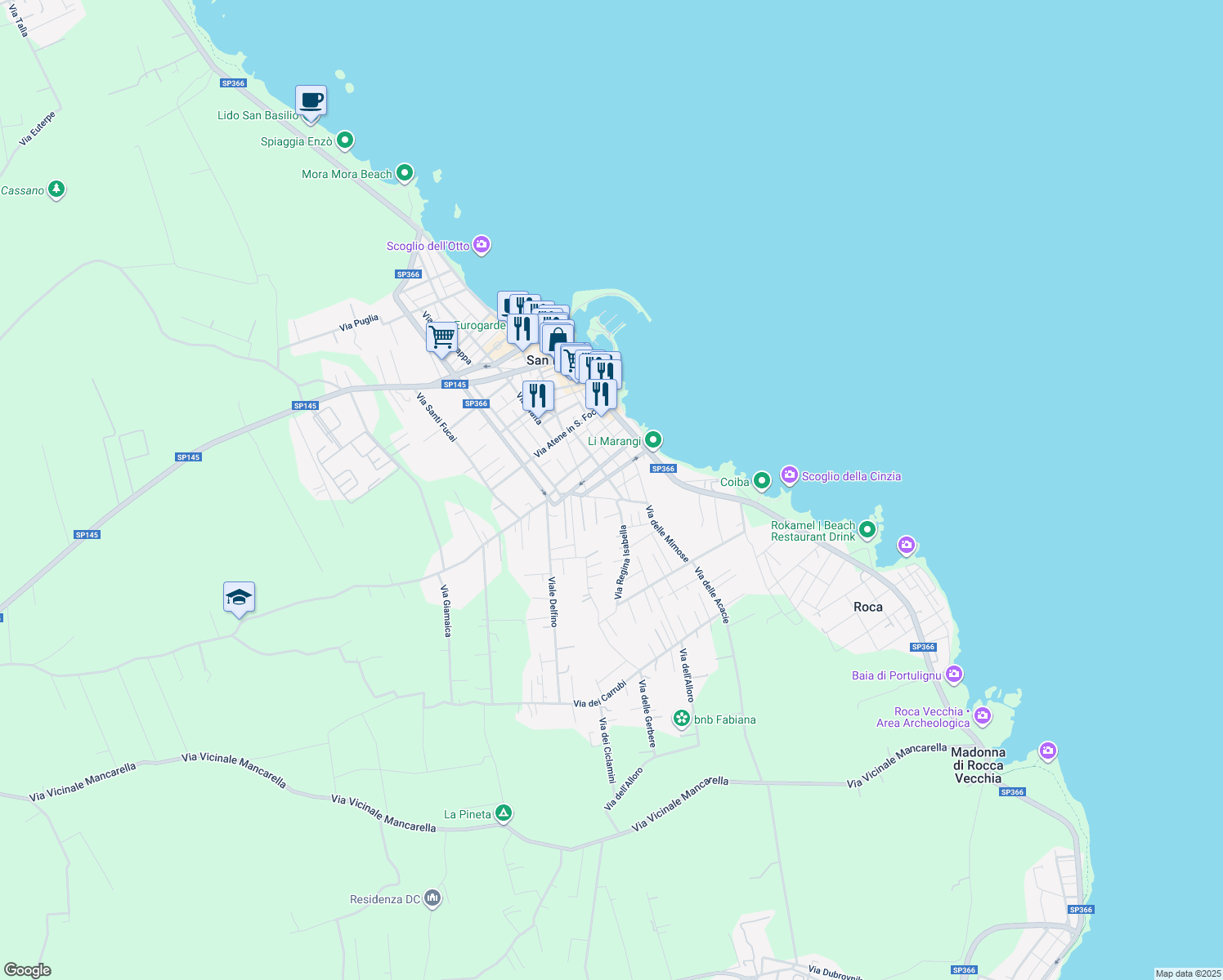 map of restaurants, bars, coffee shops, grocery stores, and more near 18 Via dell'Aviere in San Foca