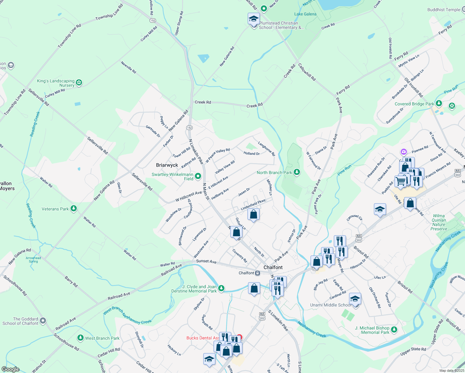map of restaurants, bars, coffee shops, grocery stores, and more near 80 Hellberg Avenue in Chalfont