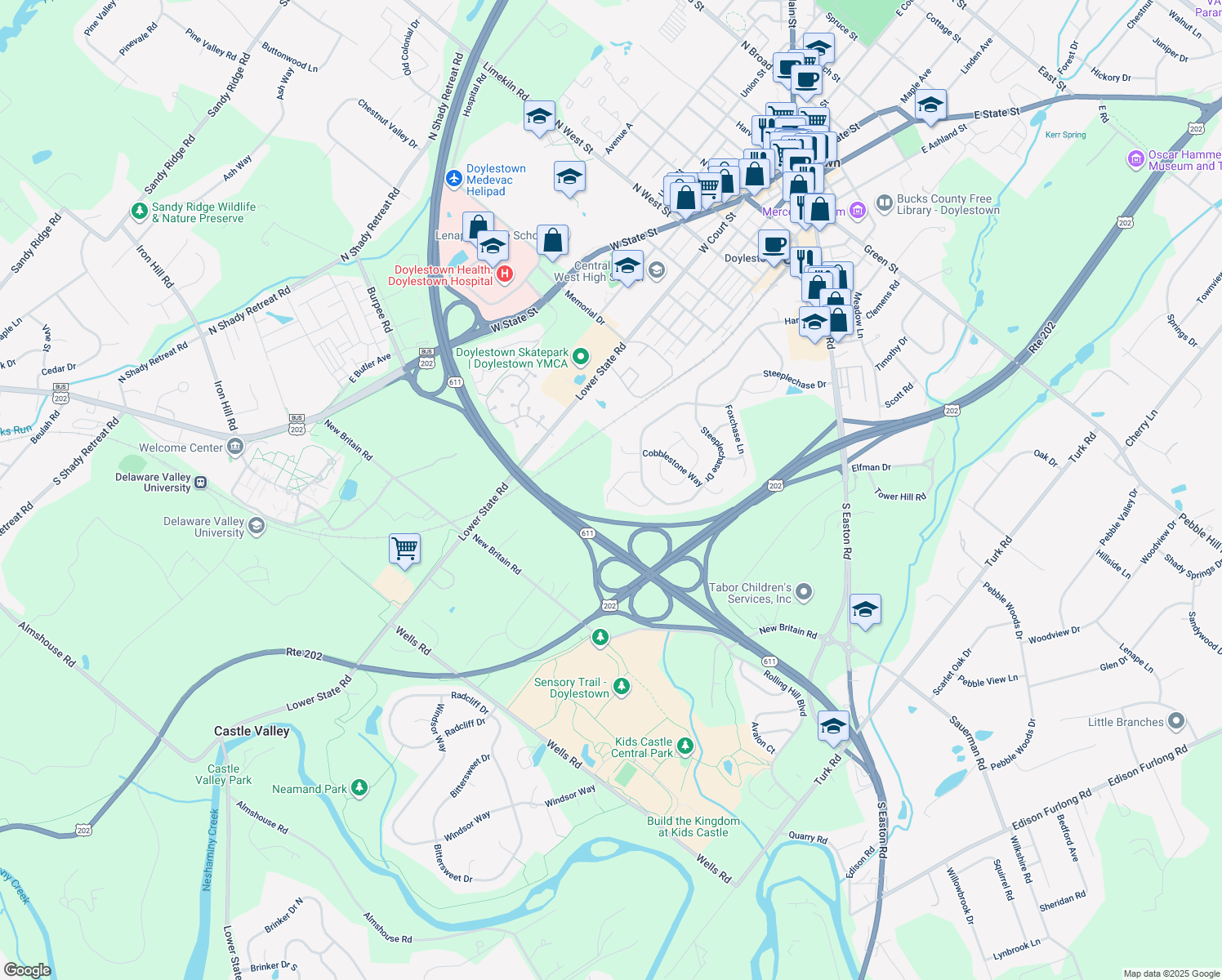 map of restaurants, bars, coffee shops, grocery stores, and more near 235 Tether Way in Doylestown