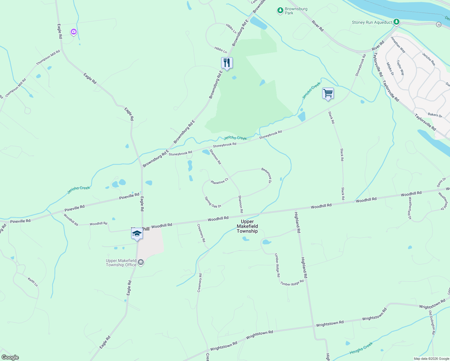 map of restaurants, bars, coffee shops, grocery stores, and more near 2 Planetree Court in Newtown