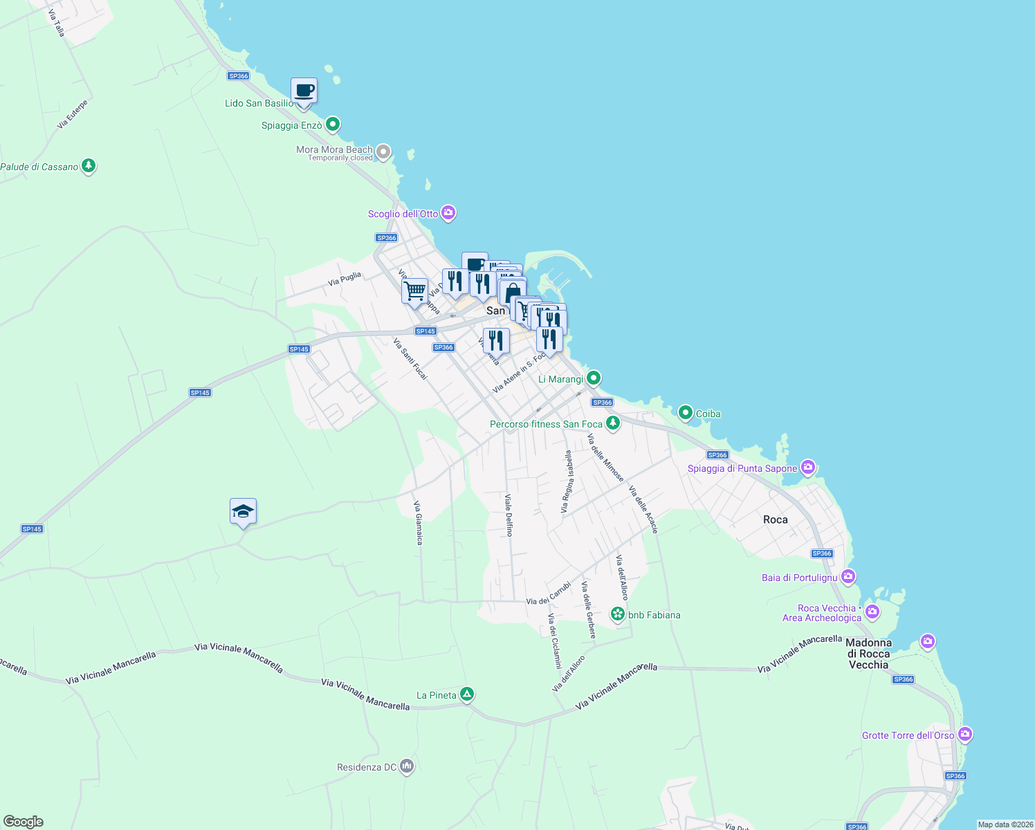 map of restaurants, bars, coffee shops, grocery stores, and more near 52 Via Martiri Belfiore in San Foca