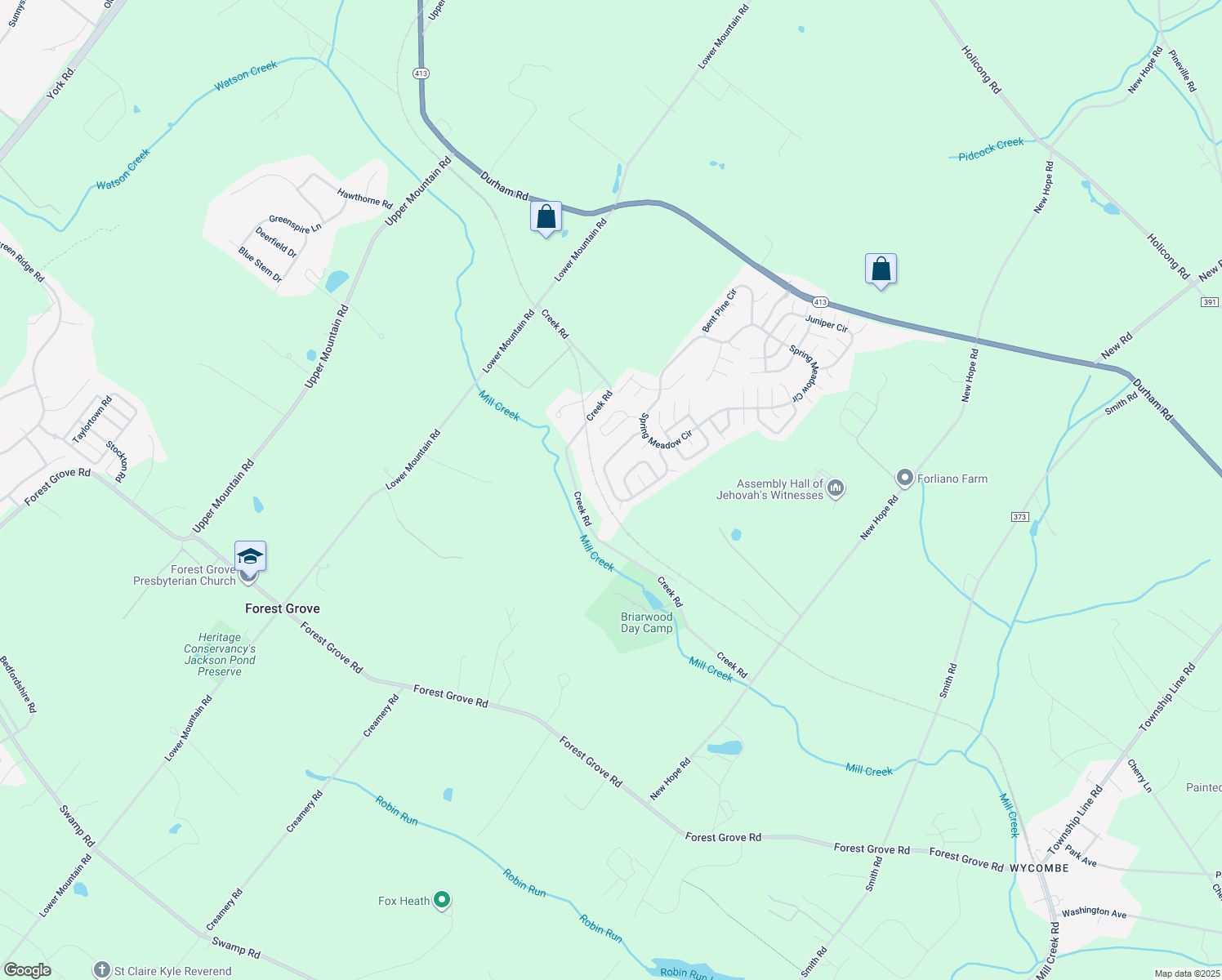 map of restaurants, bars, coffee shops, grocery stores, and more near 288 Countryside Circle in New Hope