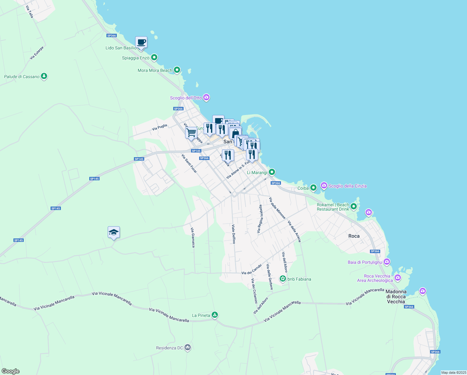 map of restaurants, bars, coffee shops, grocery stores, and more near Via Eolo in San Foca