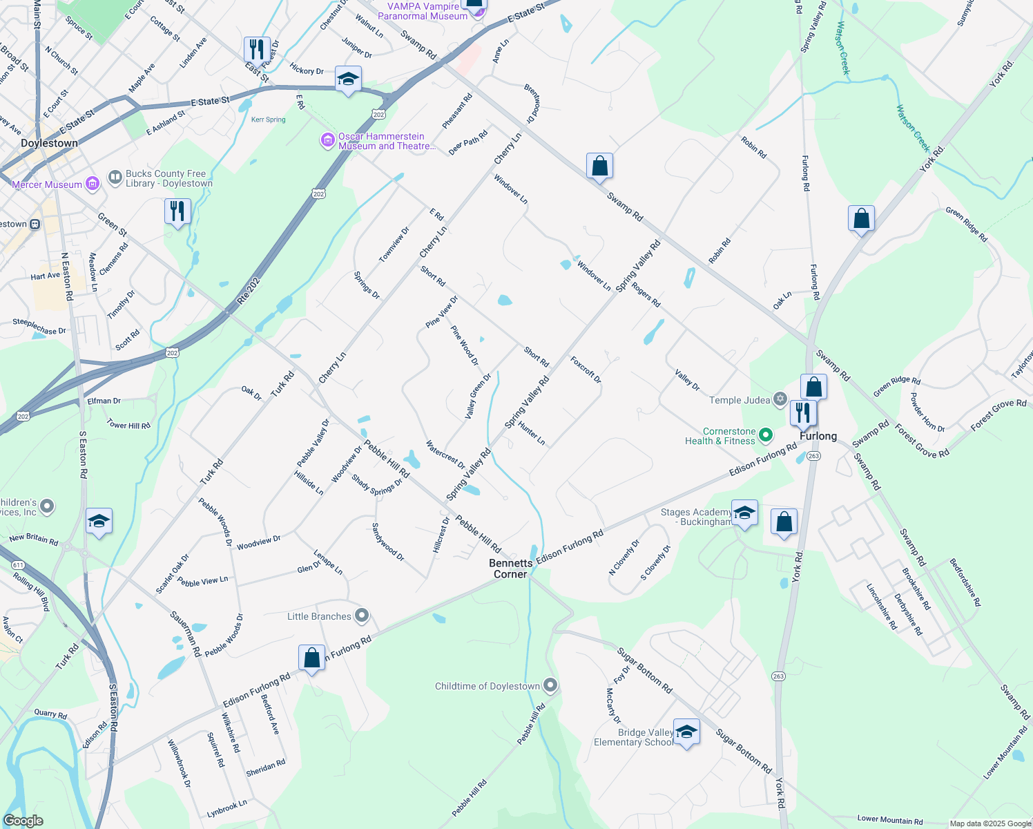 map of restaurants, bars, coffee shops, grocery stores, and more near 800 Spring Valley Road in Doylestown