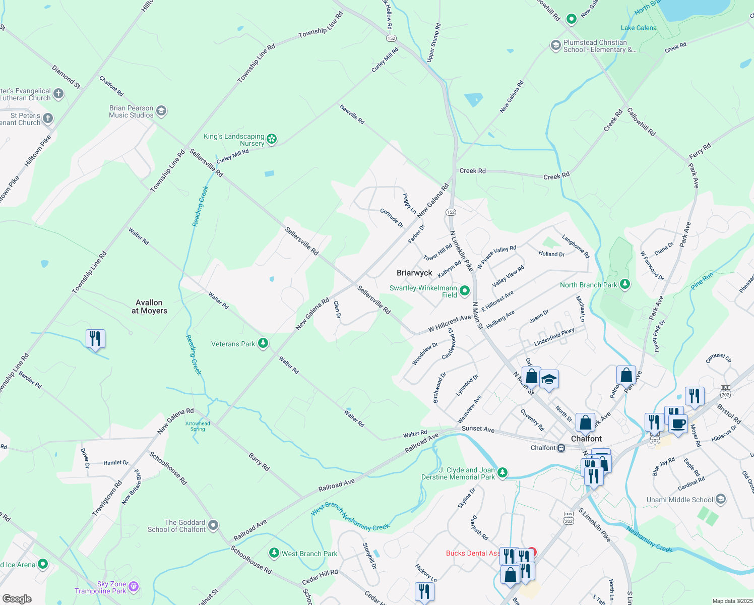 map of restaurants, bars, coffee shops, grocery stores, and more near 63 Sellersville Road in Chalfont