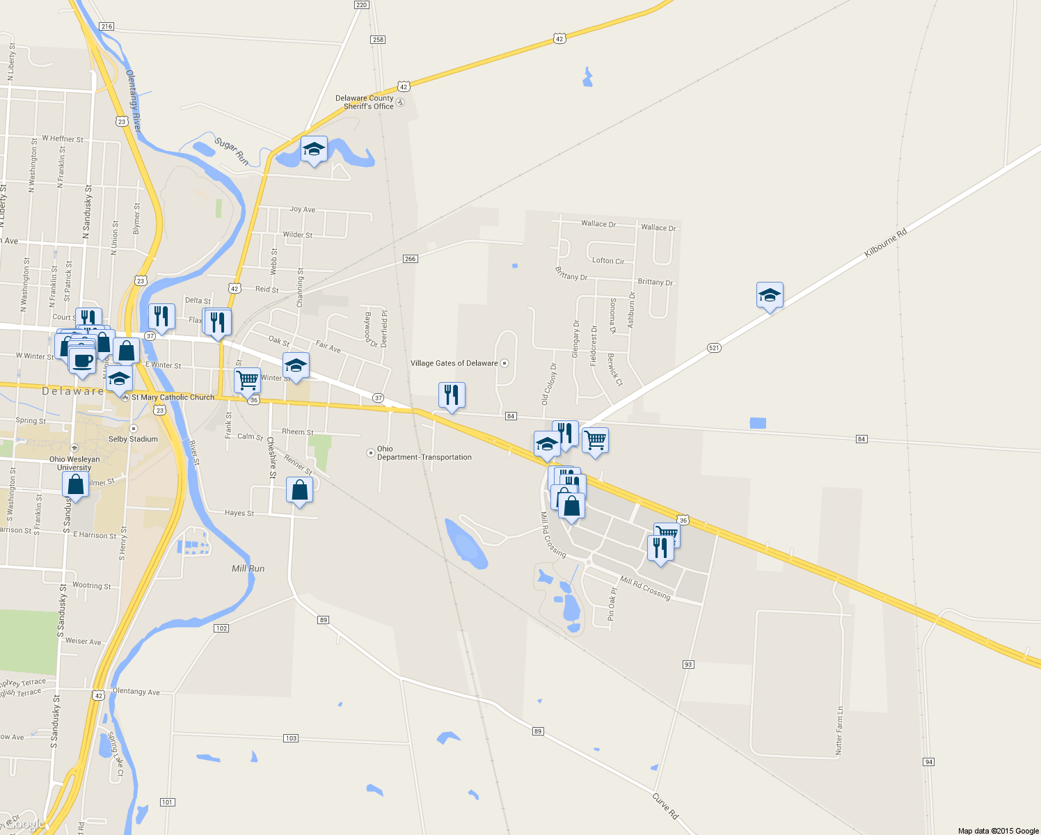 map of restaurants, bars, coffee shops, grocery stores, and more near 824 Bowtown Road in Delaware