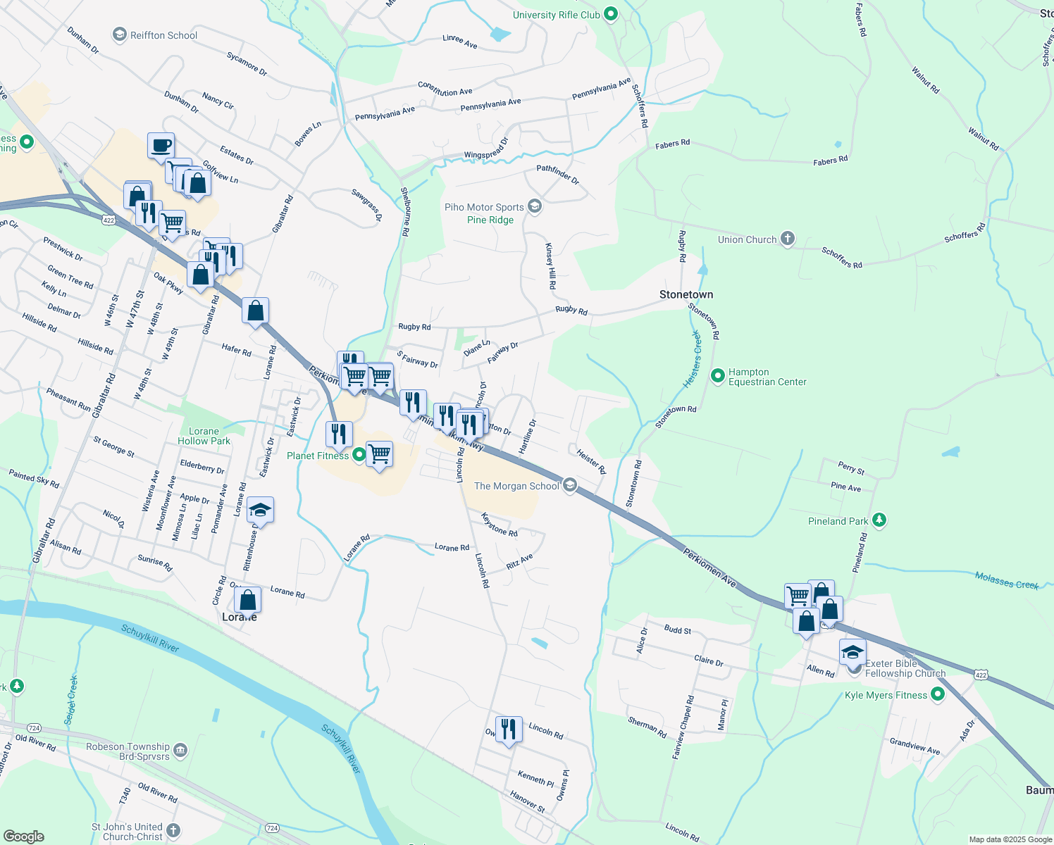 map of restaurants, bars, coffee shops, grocery stores, and more near 106 Hartline Drive in Reading