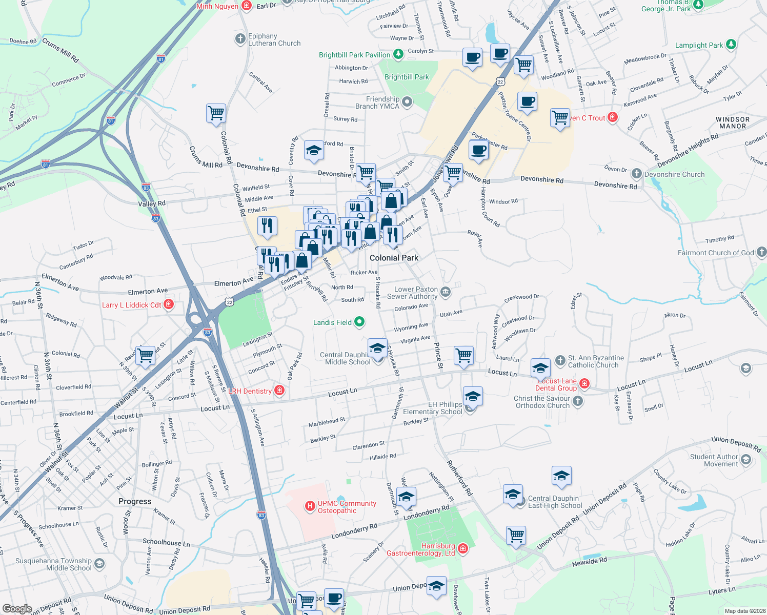map of restaurants, bars, coffee shops, grocery stores, and more near 4902 Colorado Ave in Harrisburg