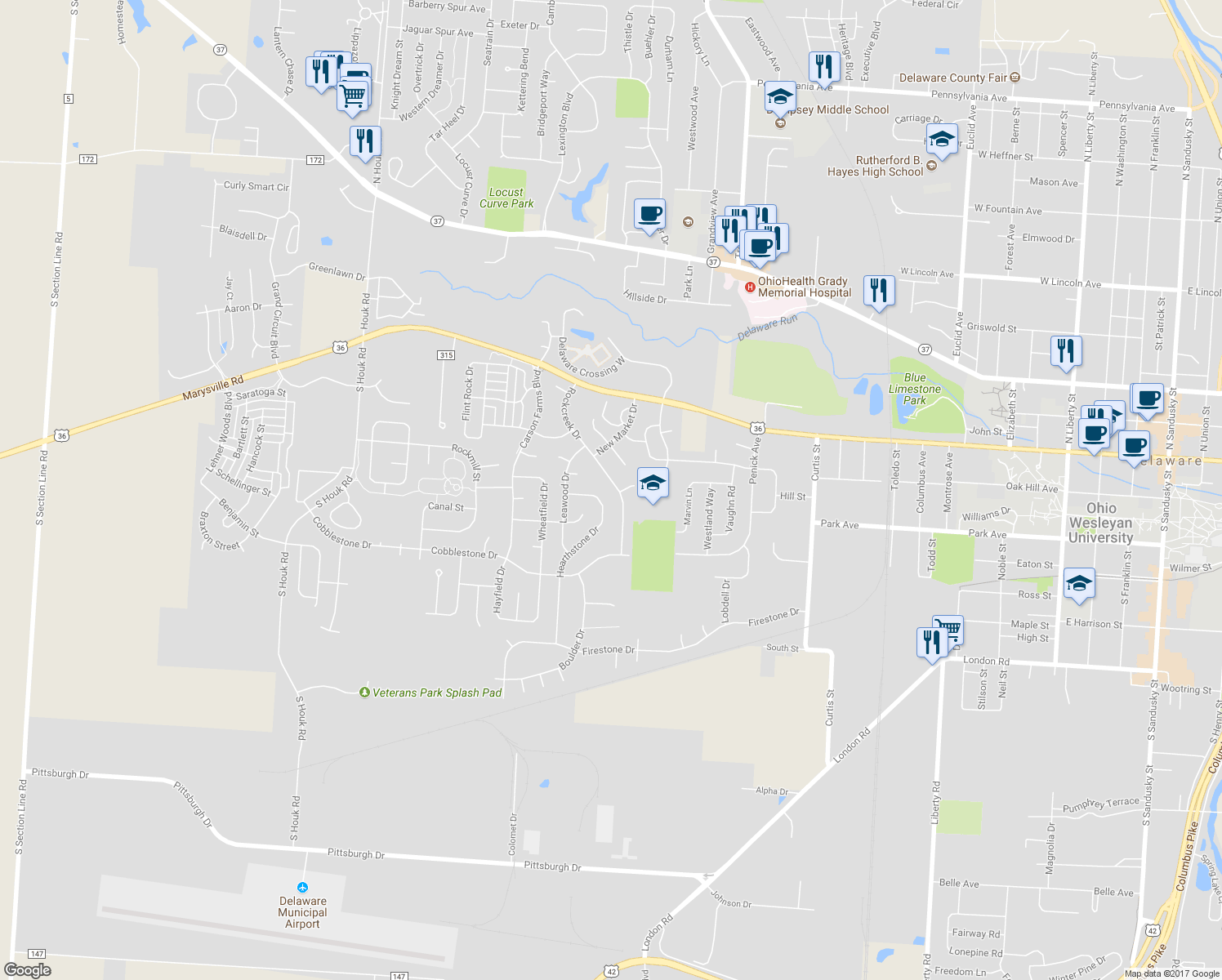map of restaurants, bars, coffee shops, grocery stores, and more near 172 Rockcreek Drive in Delaware