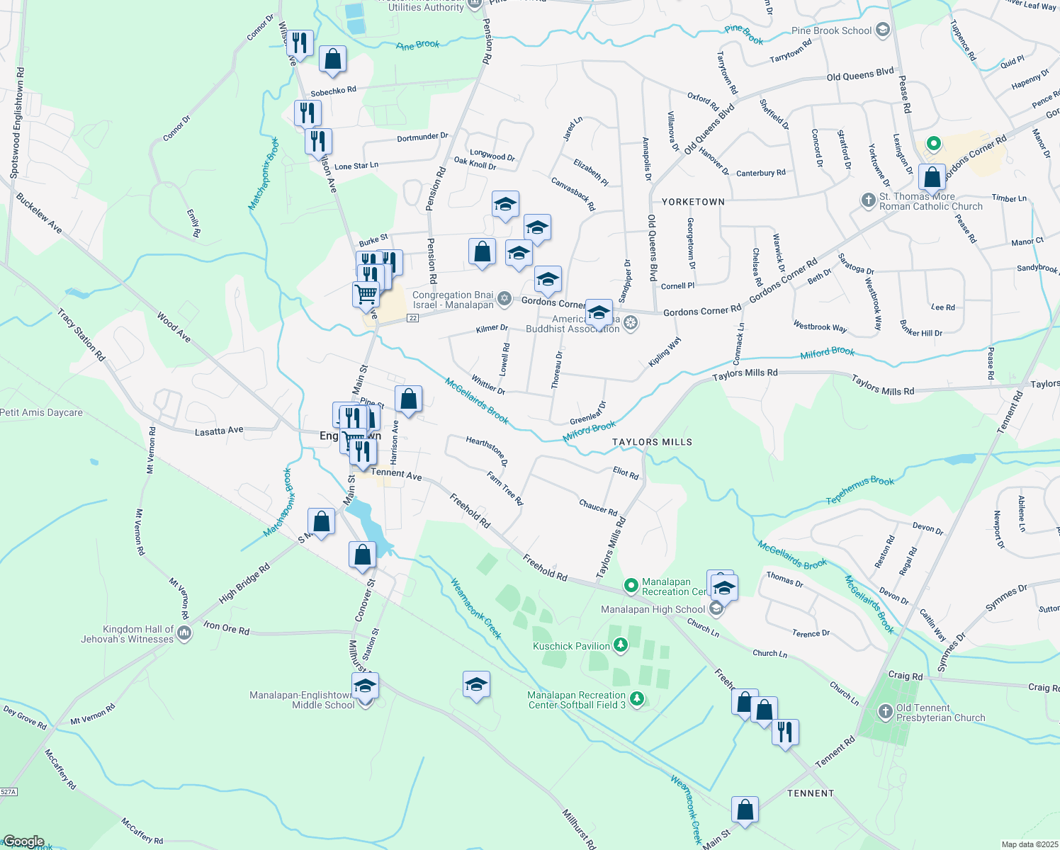map of restaurants, bars, coffee shops, grocery stores, and more near 35 Greenleaf Drive in Manalapan Township