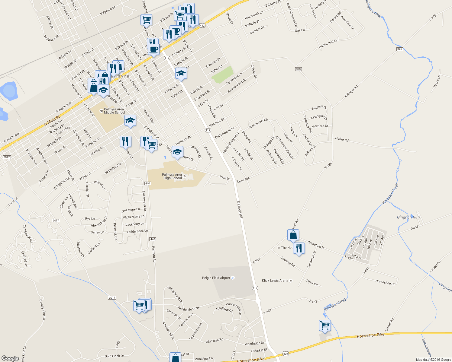 map of restaurants, bars, coffee shops, grocery stores, and more near 1330 Mill Pond Way in Palmyra