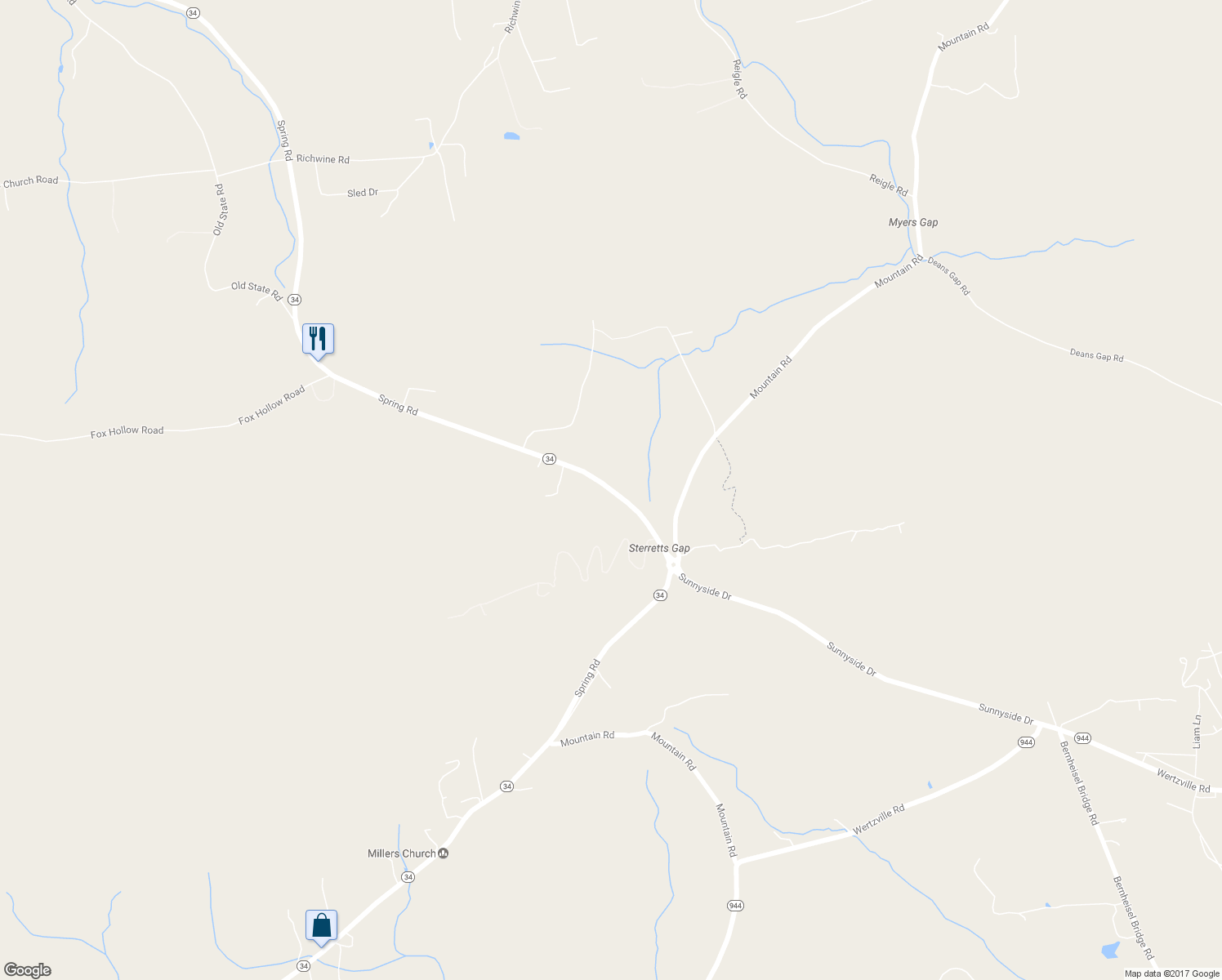 map of restaurants, bars, coffee shops, grocery stores, and more near 4465 Spring Road in Shermans Dale