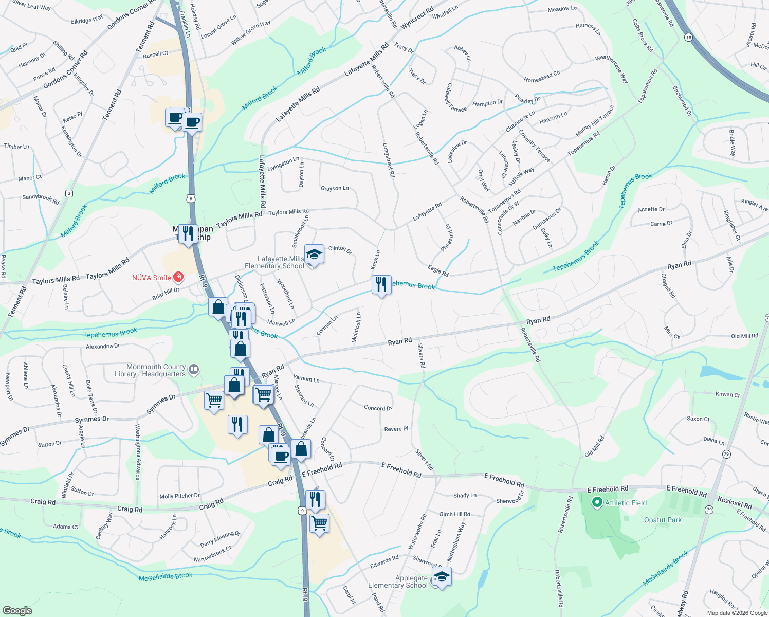map of restaurants, bars, coffee shops, grocery stores, and more near 14 Rodeo Dr in Marlboro