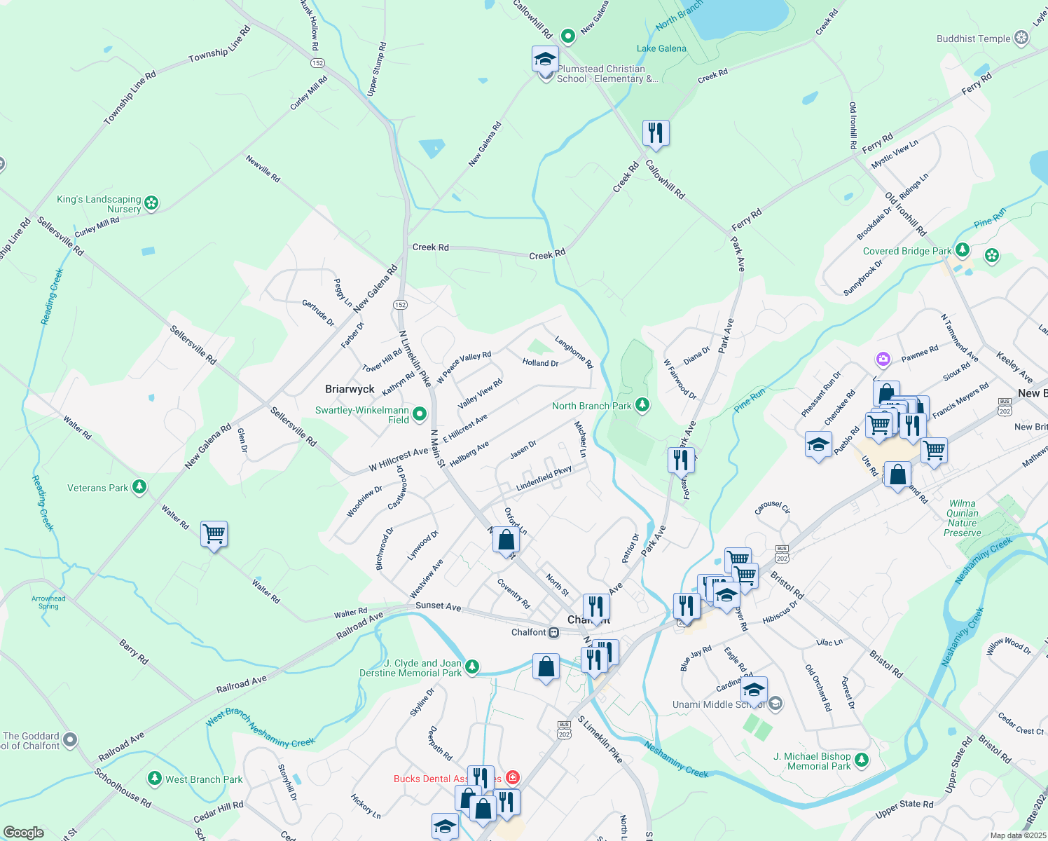 map of restaurants, bars, coffee shops, grocery stores, and more near 95 Hellberg Avenue in Chalfont