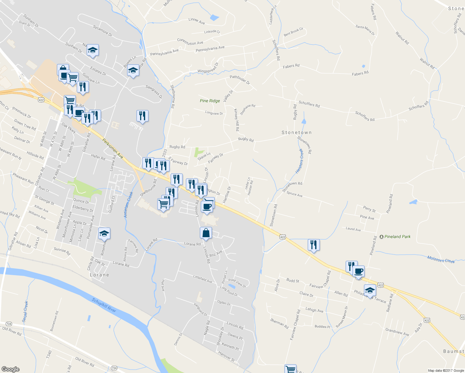 map of restaurants, bars, coffee shops, grocery stores, and more near 6100 Glen Road in Reading