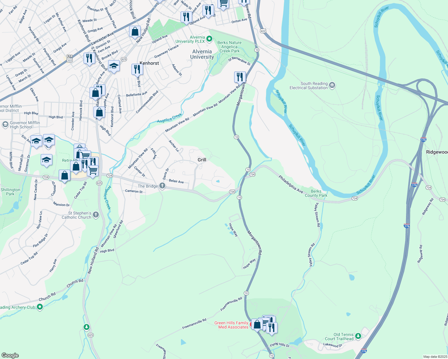 map of restaurants, bars, coffee shops, grocery stores, and more near 9 Kantner Lane North in Shillington