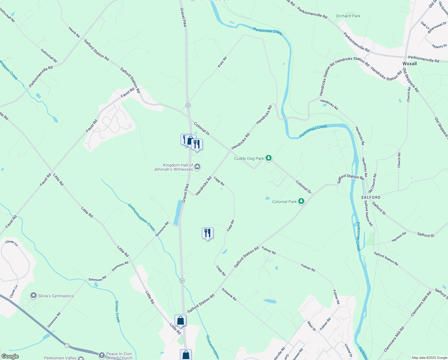 map of restaurants, bars, coffee shops, grocery stores, and more near 61 Cepp Road in Perkiomenville