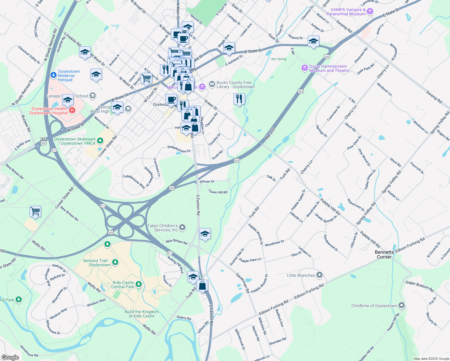 map of restaurants, bars, coffee shops, grocery stores, and more near 99 Elfman Dr in Doylestown