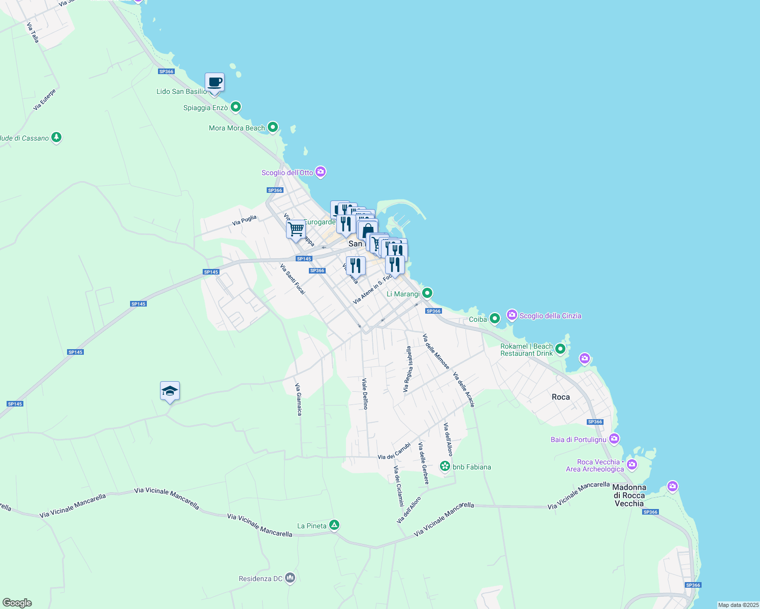map of restaurants, bars, coffee shops, grocery stores, and more near 27 Via Gabriele D ' Annunzio in San Foca
