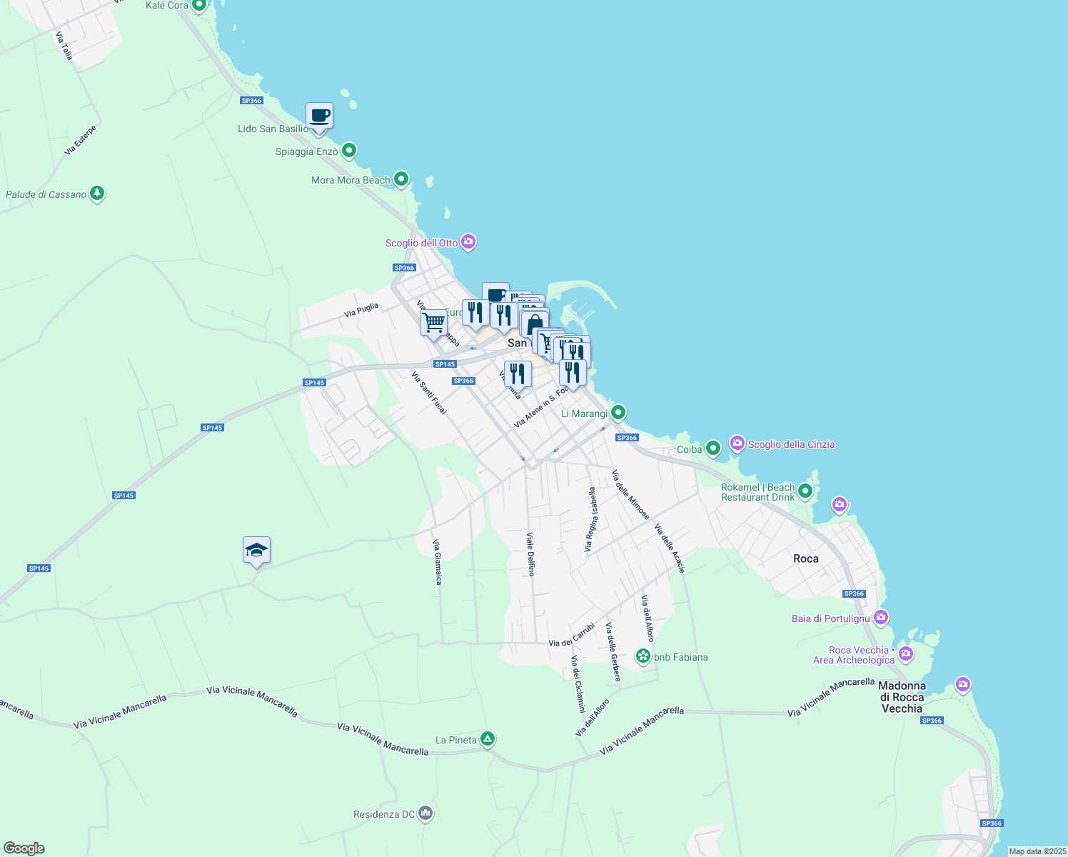 map of restaurants, bars, coffee shops, grocery stores, and more near Via Eolo in San Foca