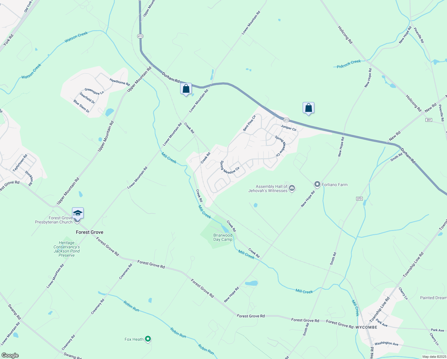 map of restaurants, bars, coffee shops, grocery stores, and more near 294 Blackberry Circle in New Hope