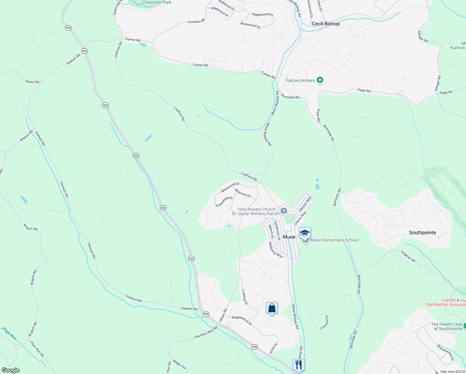 map of restaurants, bars, coffee shops, grocery stores, and more near 119 Briwood Dr in Canonsburg