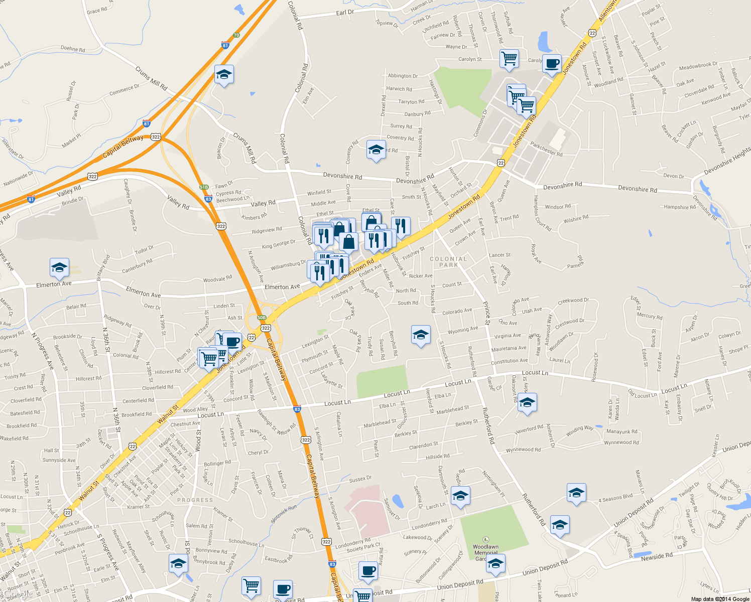map of restaurants, bars, coffee shops, grocery stores, and more near 306 Berryhill Road in Harrisburg