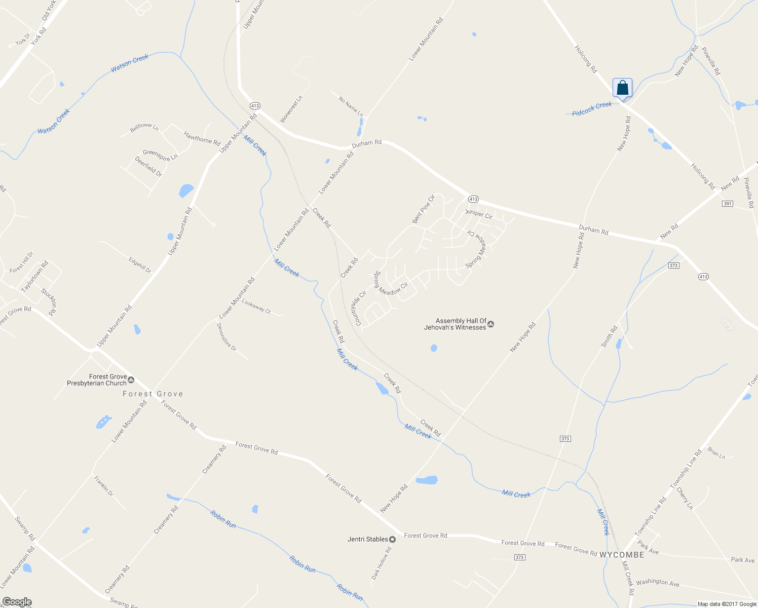 map of restaurants, bars, coffee shops, grocery stores, and more near 302 Blackberry Circle in New Hope