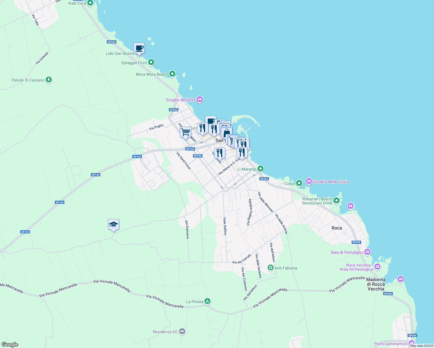 map of restaurants, bars, coffee shops, grocery stores, and more near 1 Via Tirana in San Foca