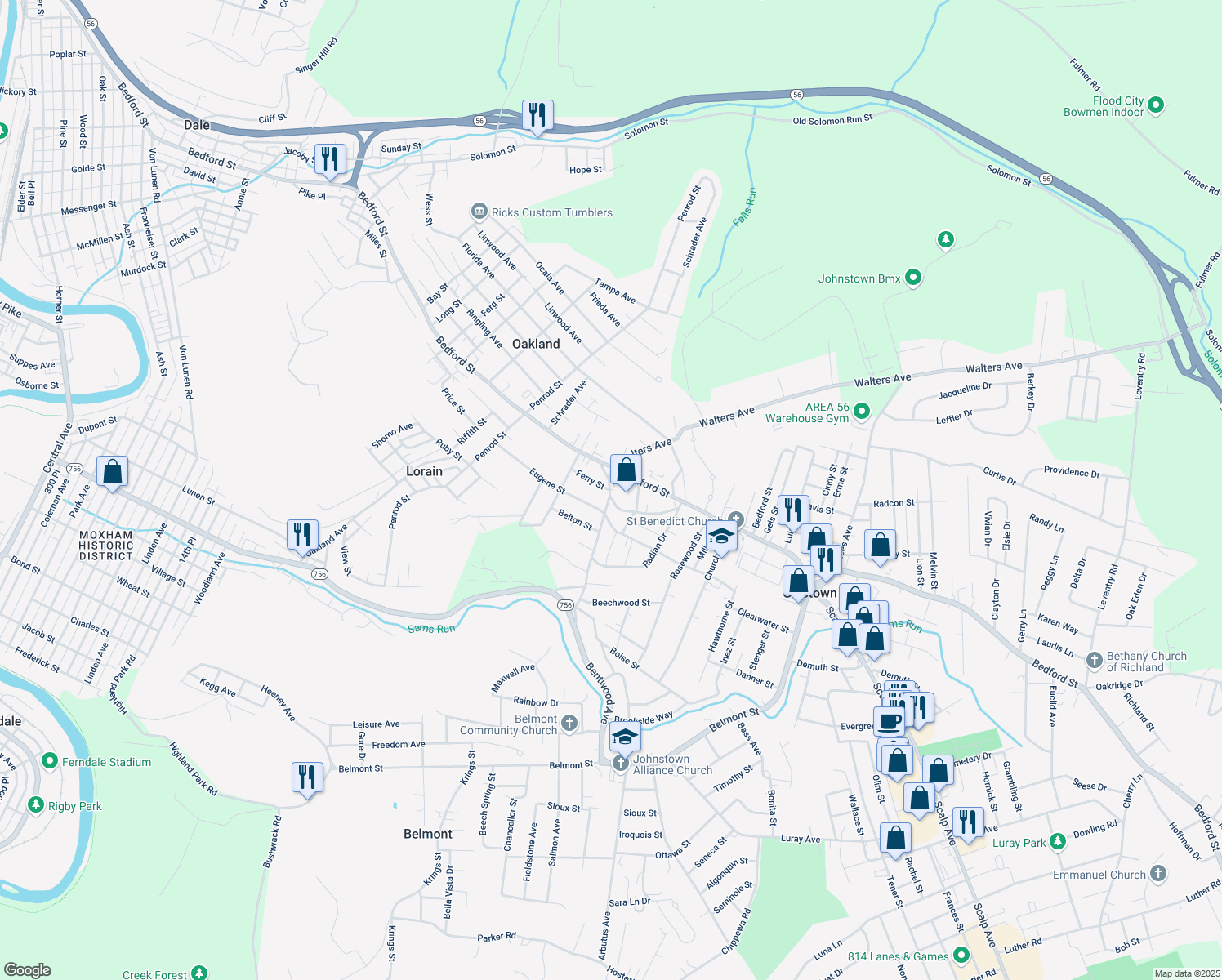 map of restaurants, bars, coffee shops, grocery stores, and more near 2099 Ferry St in Johnstown