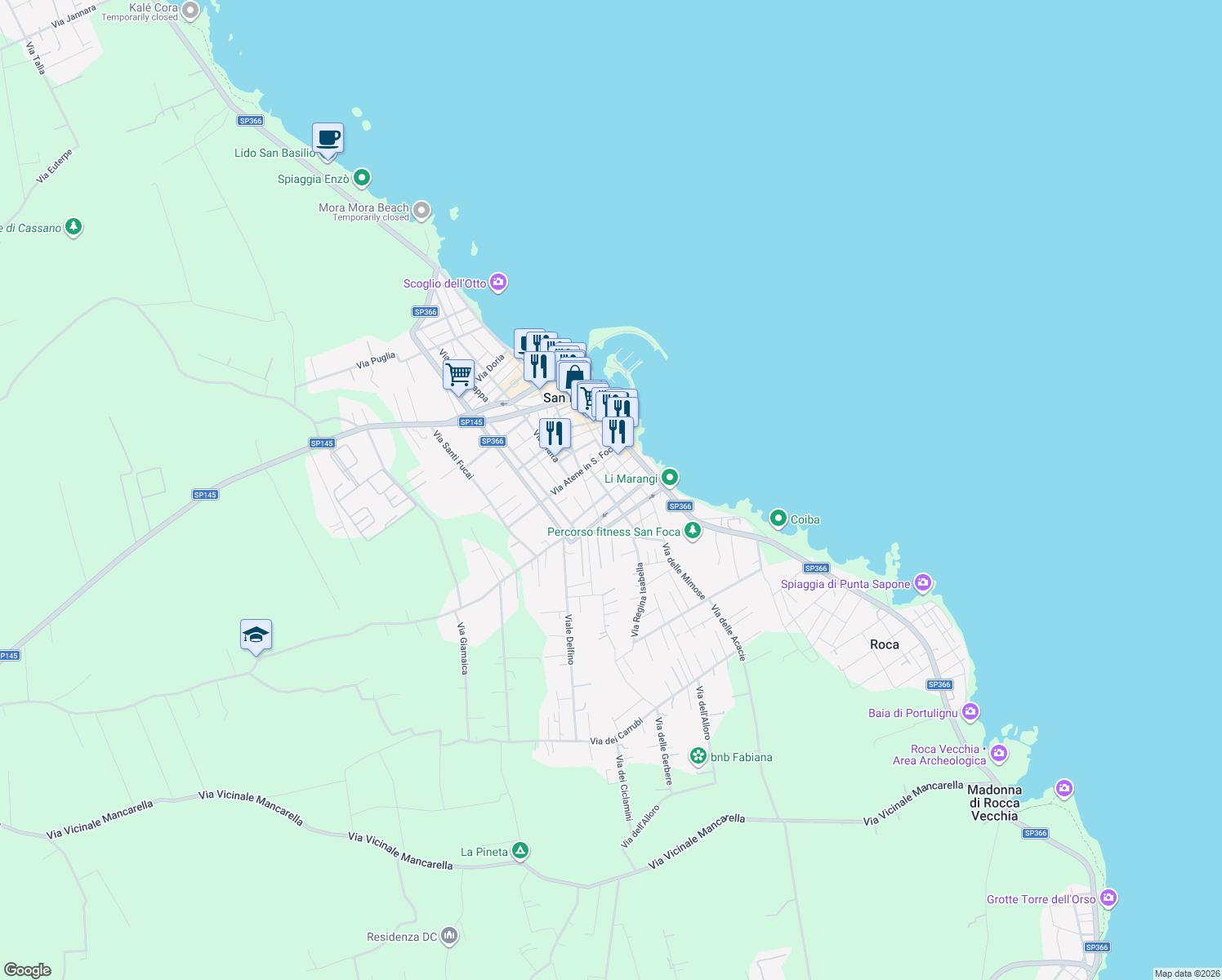 map of restaurants, bars, coffee shops, grocery stores, and more near 10 Via del Fante in San Foca
