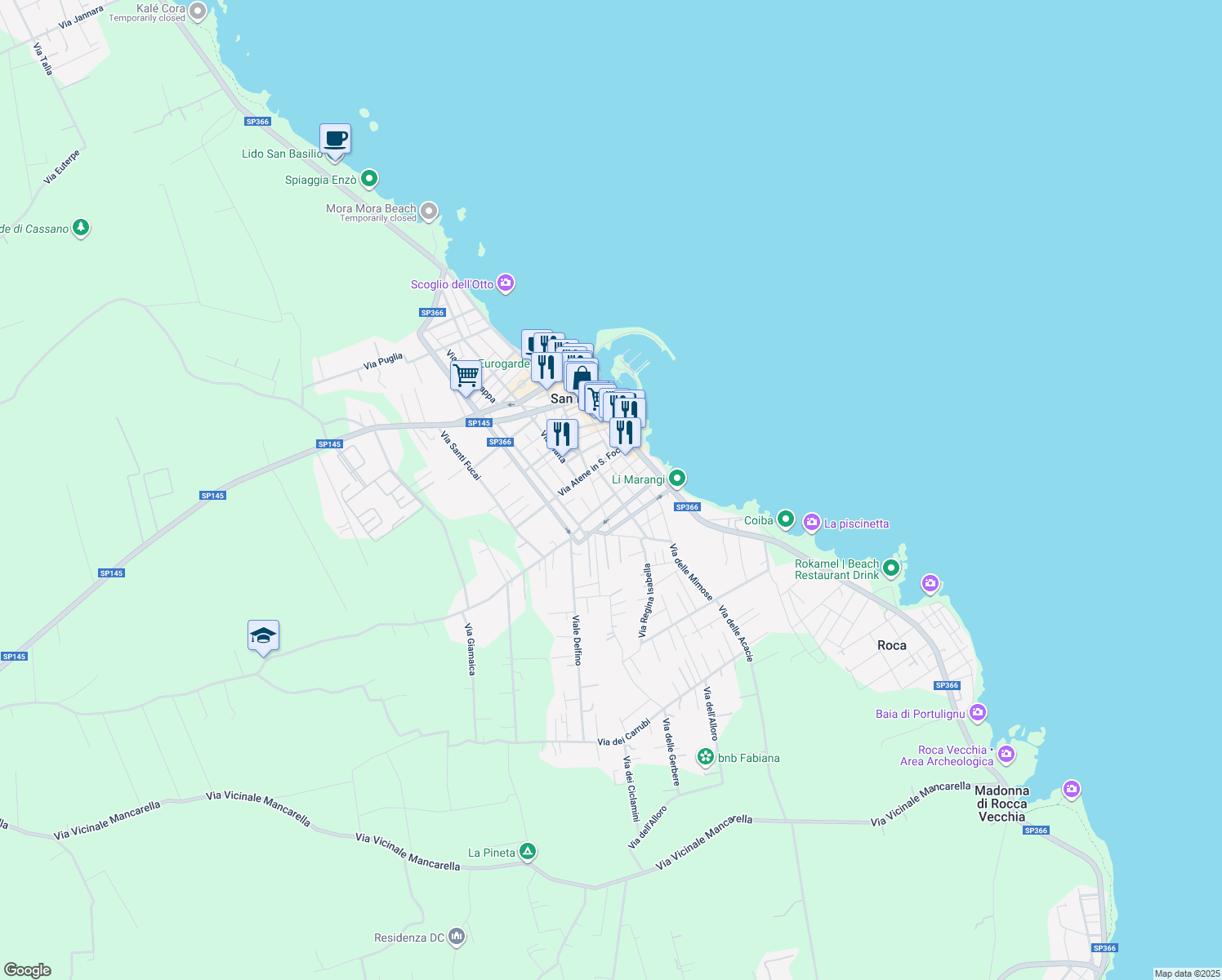 map of restaurants, bars, coffee shops, grocery stores, and more near 2 Via dell'Aviere in San Foca