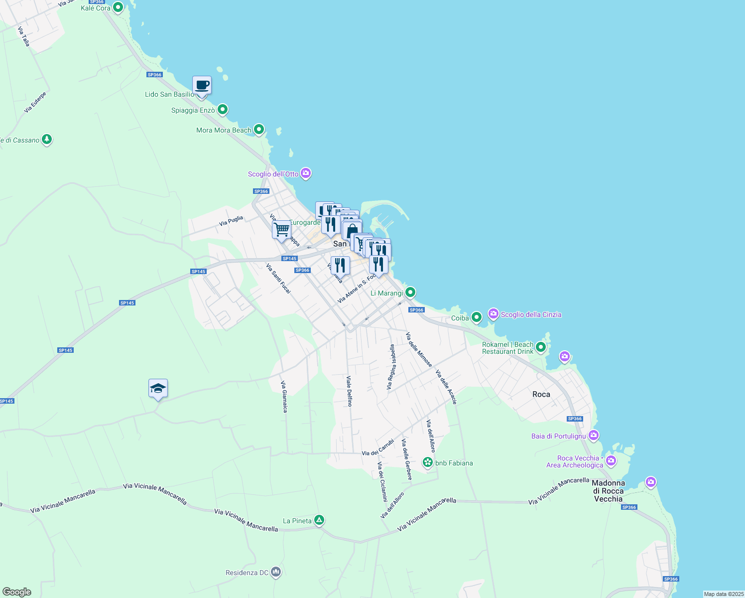 map of restaurants, bars, coffee shops, grocery stores, and more near 18 Via dell'Aviere in San Foca