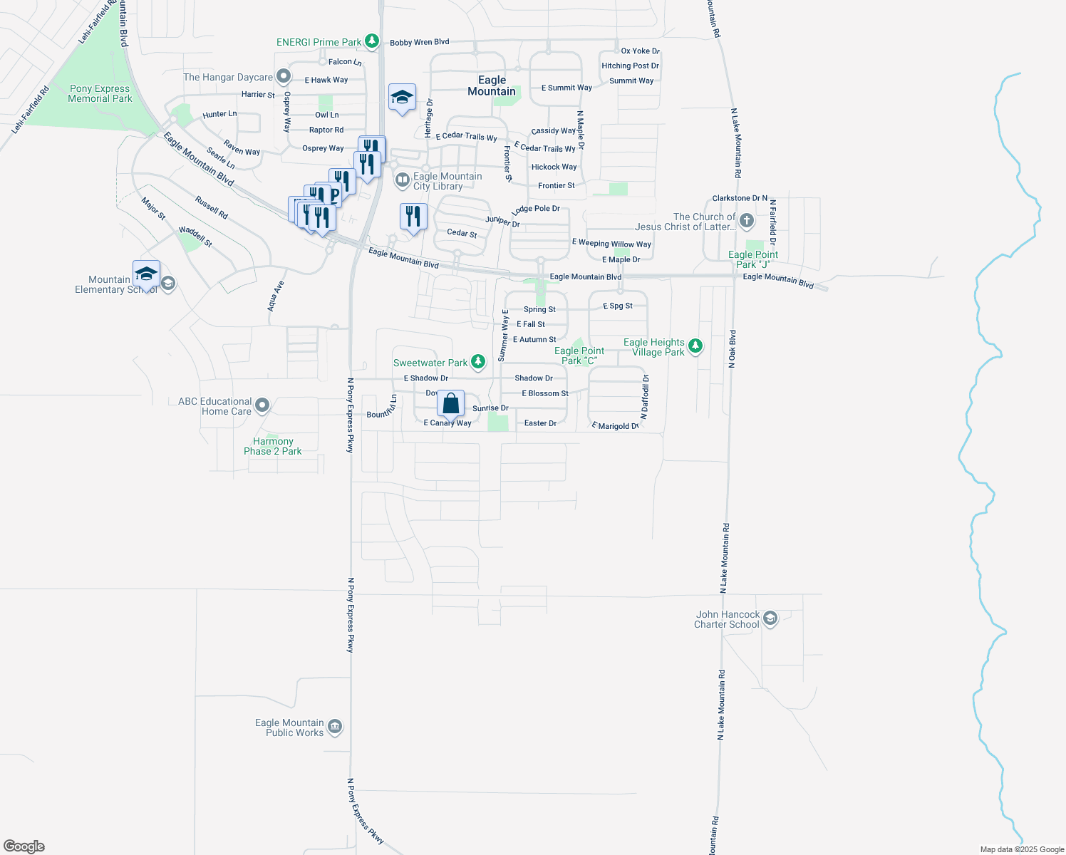 map of restaurants, bars, coffee shops, grocery stores, and more near 2066 East Easter Drive in Eagle Mountain