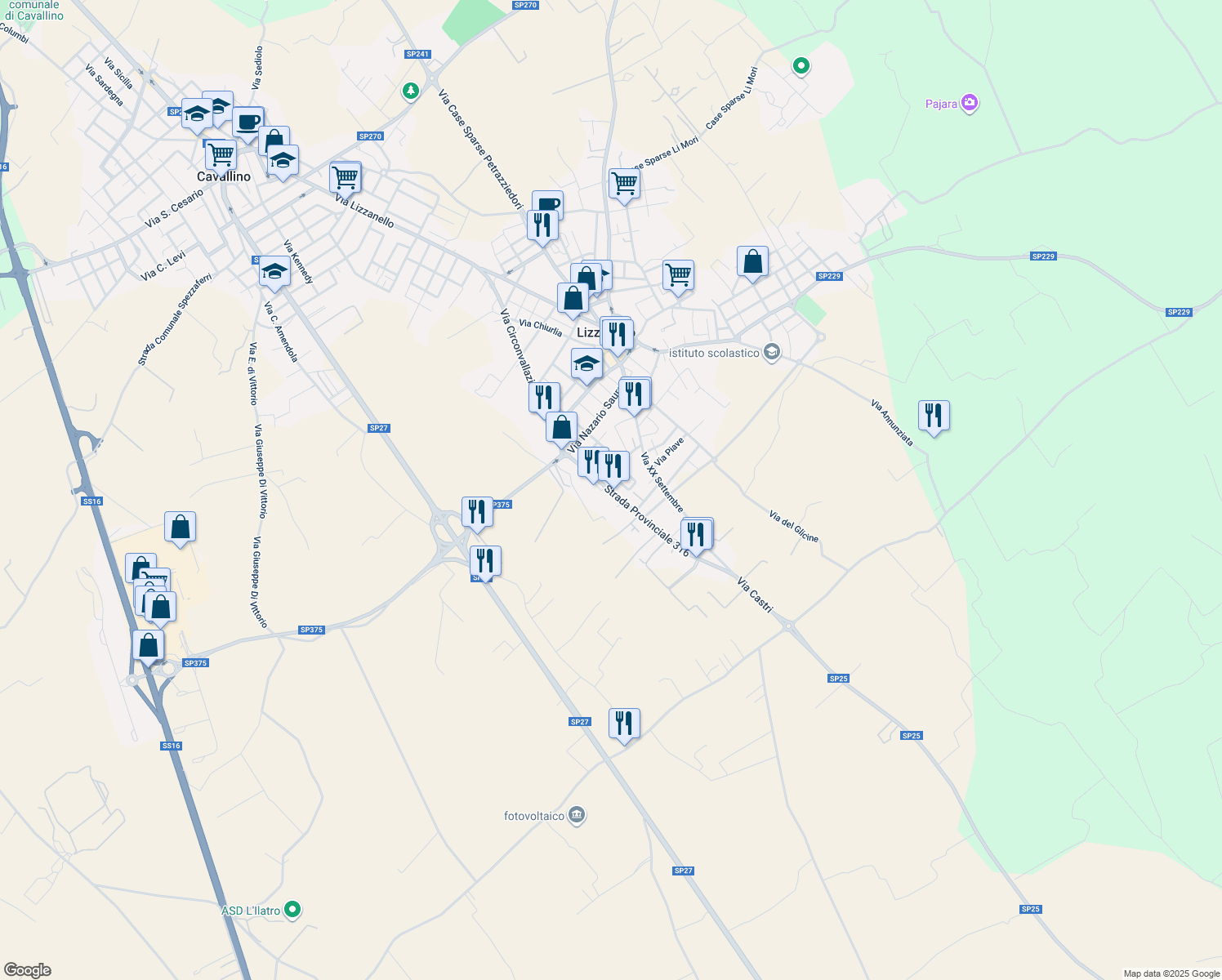 map of restaurants, bars, coffee shops, grocery stores, and more near 43 Via Paolo VI in Lizzanello