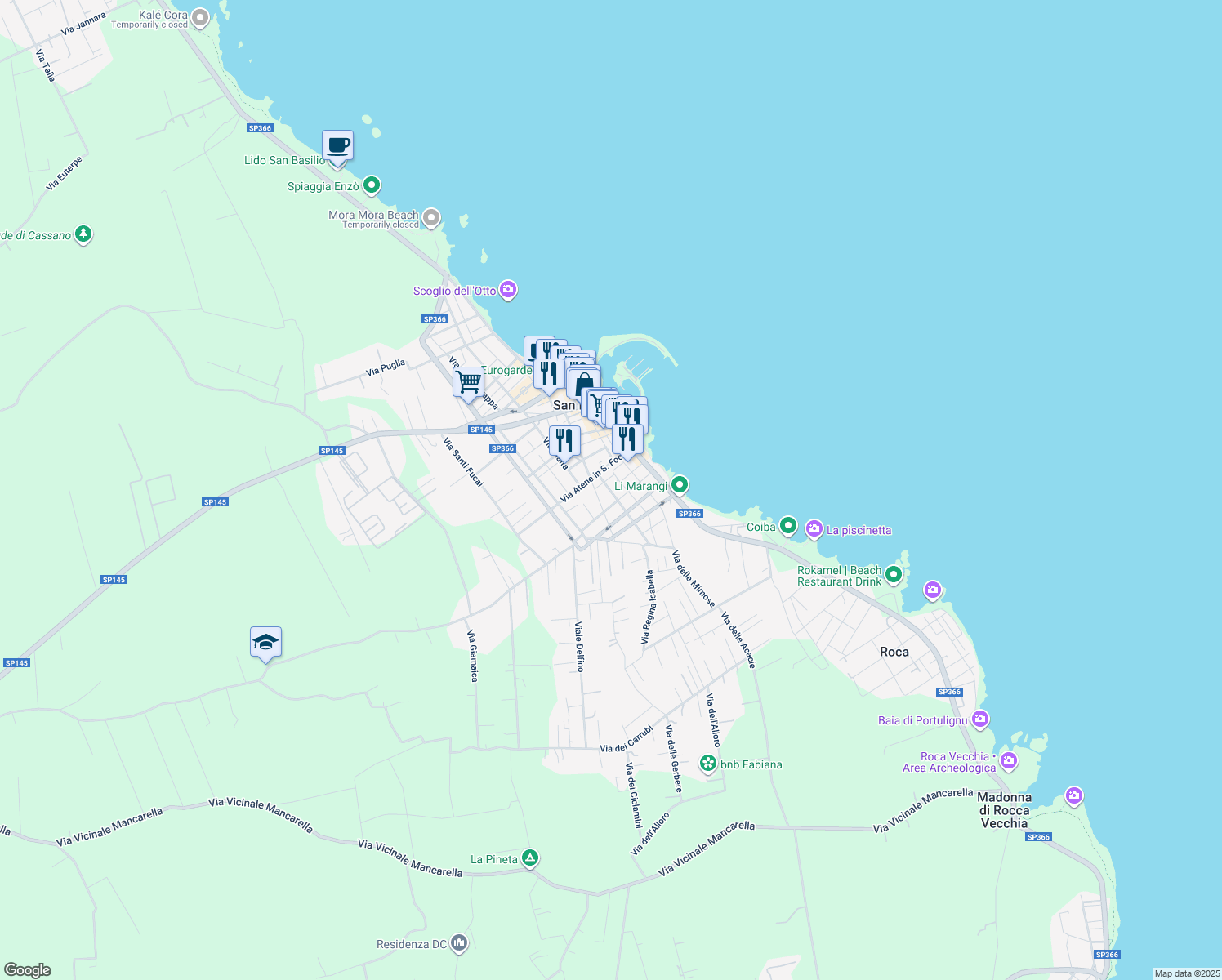 map of restaurants, bars, coffee shops, grocery stores, and more near 2 Via dell'Aviere in San Foca