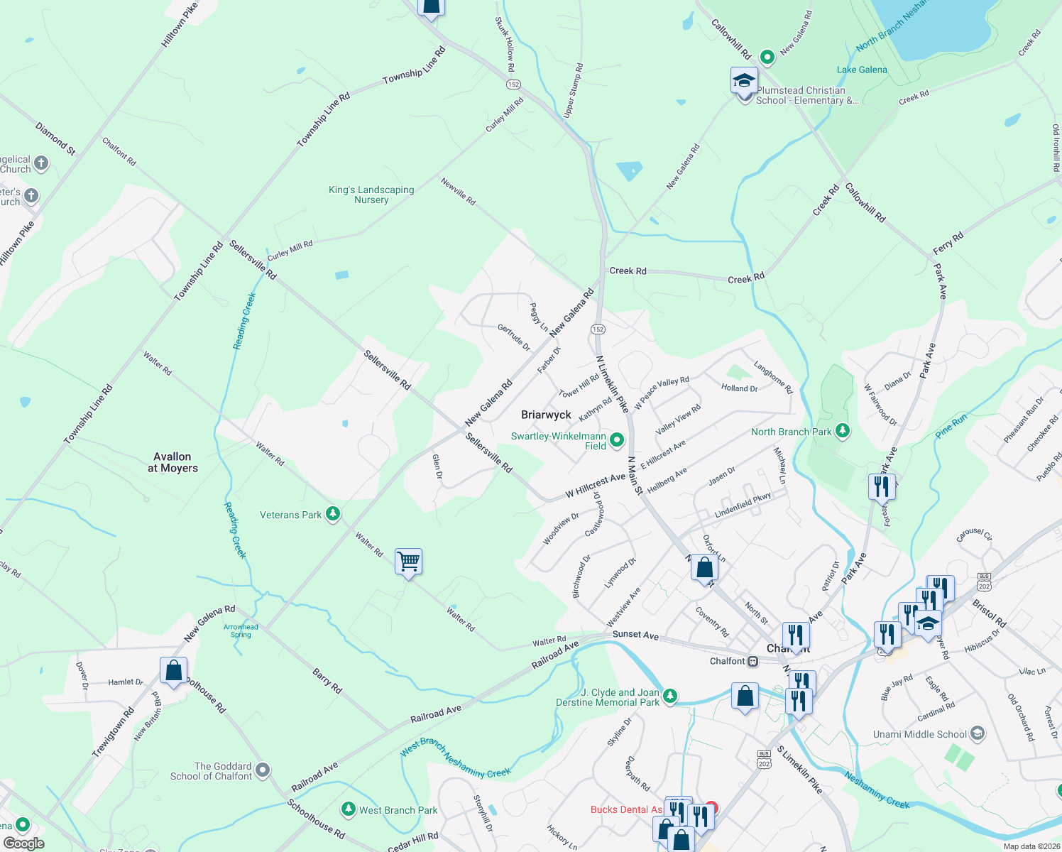 map of restaurants, bars, coffee shops, grocery stores, and more near 35 Woodmount Road in Chalfont