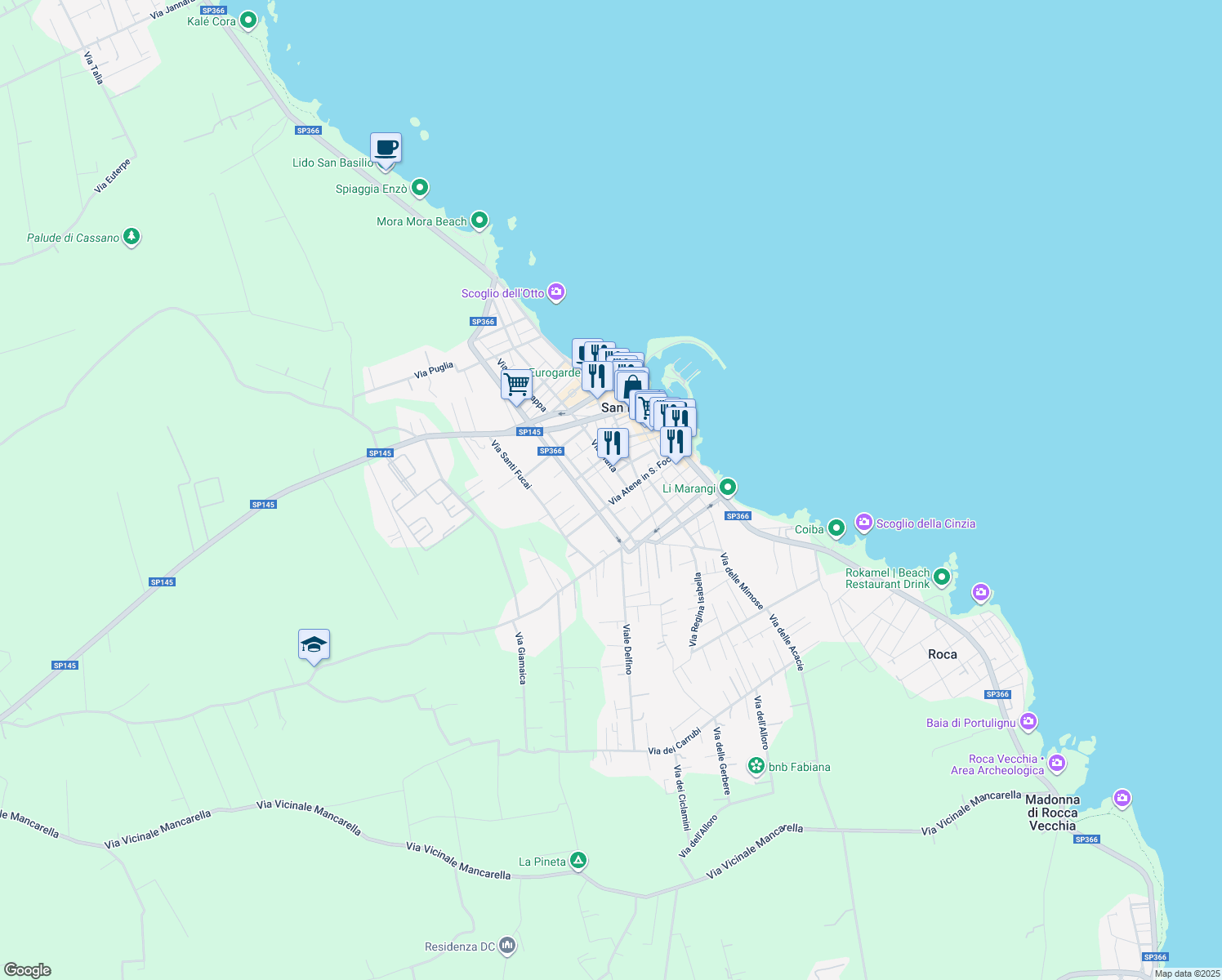 map of restaurants, bars, coffee shops, grocery stores, and more near 64 Via Malta in San Foca