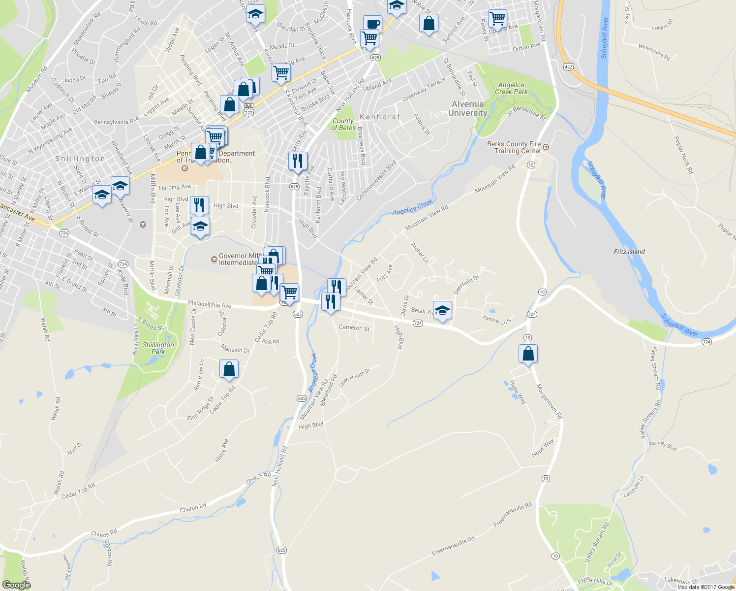 map of restaurants, bars, coffee shops, grocery stores, and more near 811 Fritz Avenue in Reading