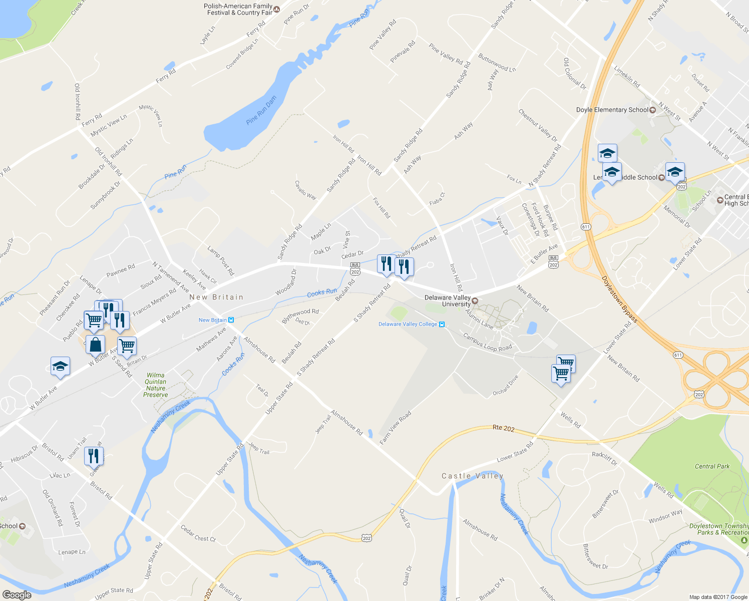 map of restaurants, bars, coffee shops, grocery stores, and more near 110 South Shady Retreat Road in Doylestown
