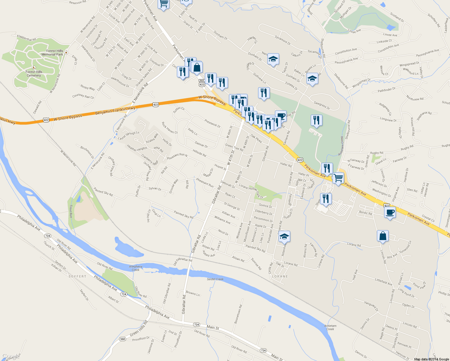 map of restaurants, bars, coffee shops, grocery stores, and more near 499 Gibraltar Road in Reading