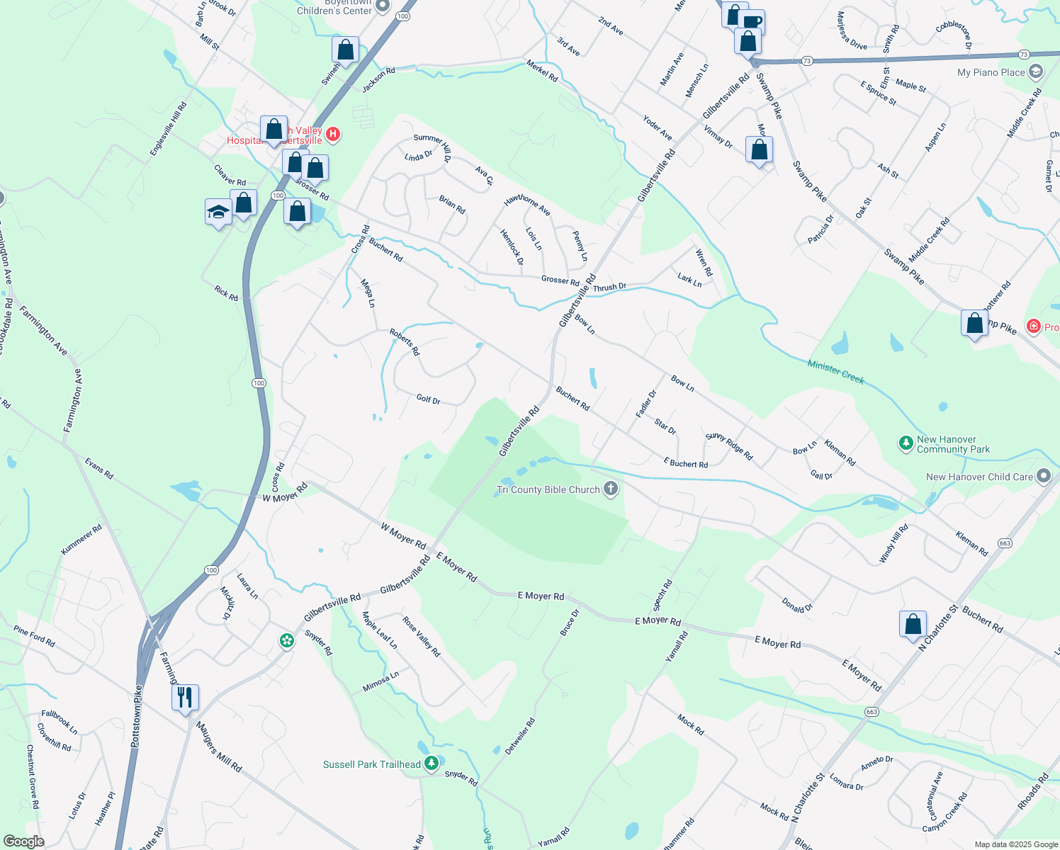 map of restaurants, bars, coffee shops, grocery stores, and more near 648 Gilbertsville Road in Gilbertsville