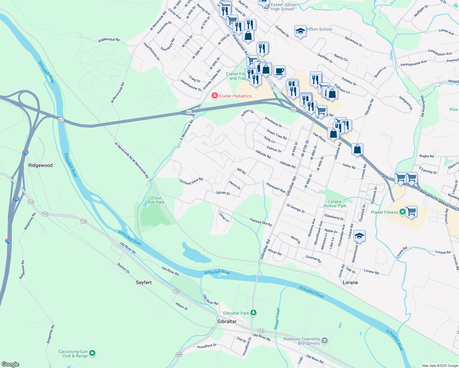map of restaurants, bars, coffee shops, grocery stores, and more near 989 Rill Road in Reading