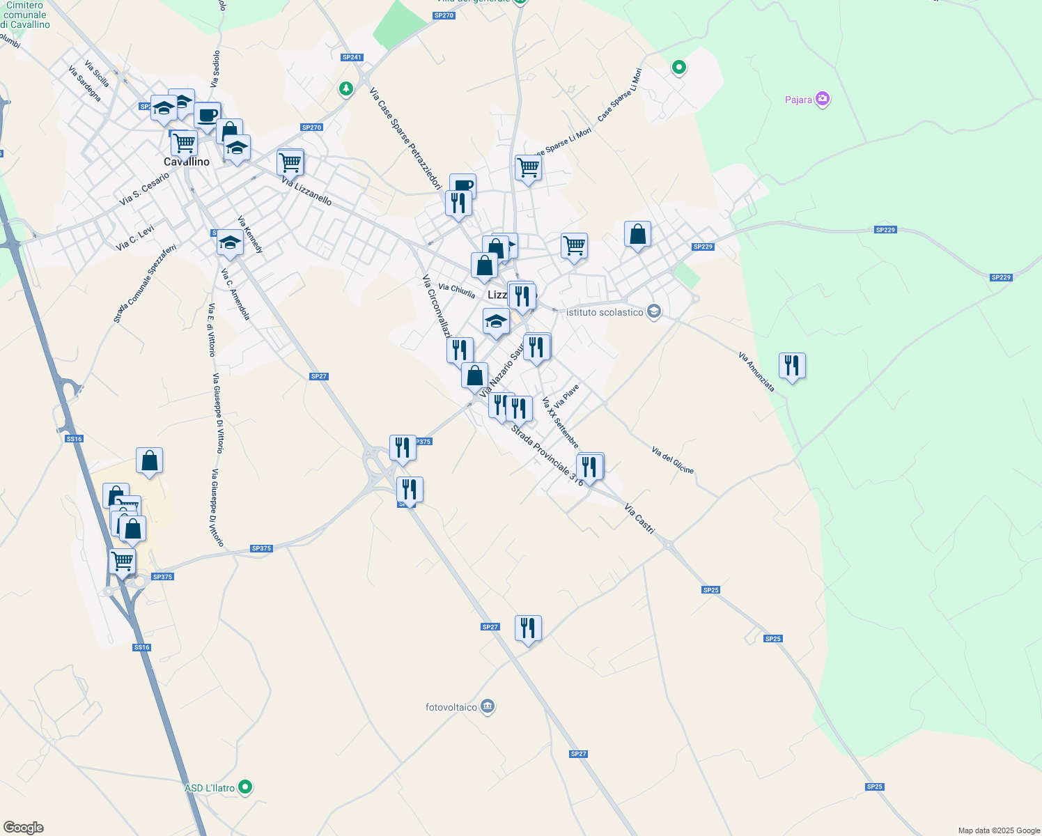 map of restaurants, bars, coffee shops, grocery stores, and more near 43 Via Paolo VI in Lizzanello