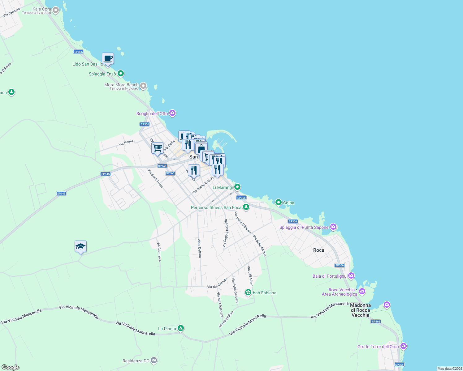 map of restaurants, bars, coffee shops, grocery stores, and more near 12 SP366 in San Foca